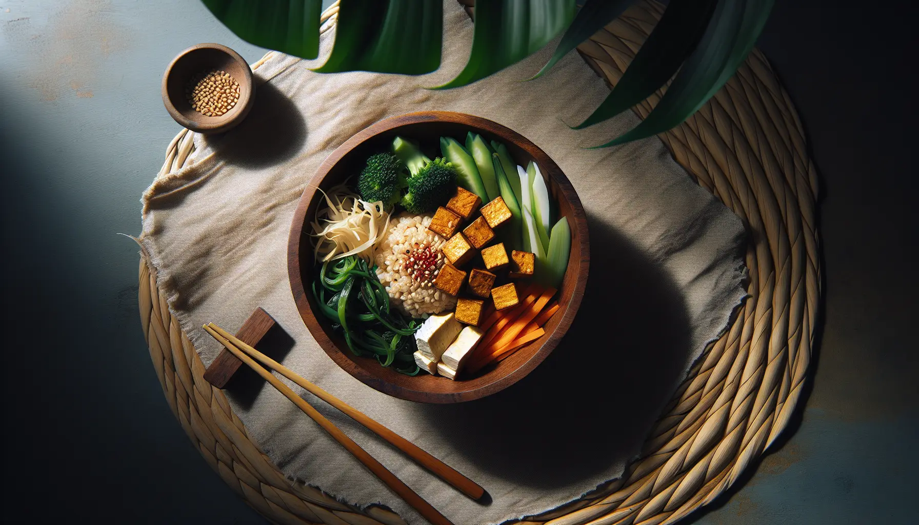 Indonesian Spiced Tofu Grain Bowl with Steamed Vegetables plated