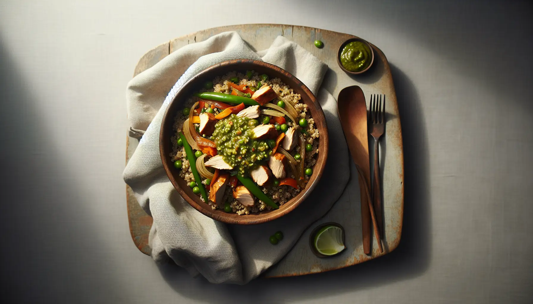 Peruvian Quinoa and Chicken Stir-Fry with Aji Verde Sauce plated