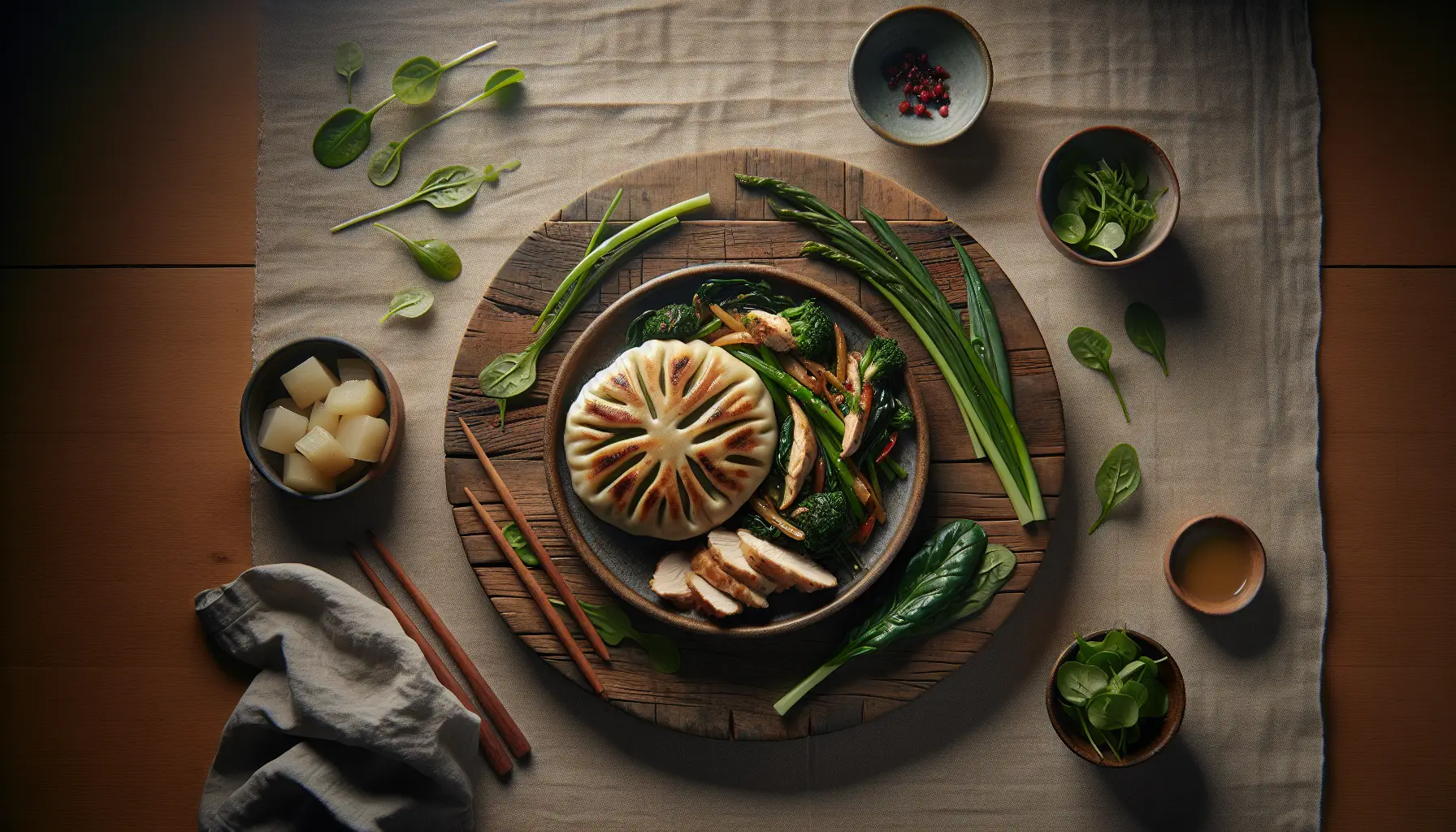 Chicken and Vegetable Siopao with Seasonal Greens plated