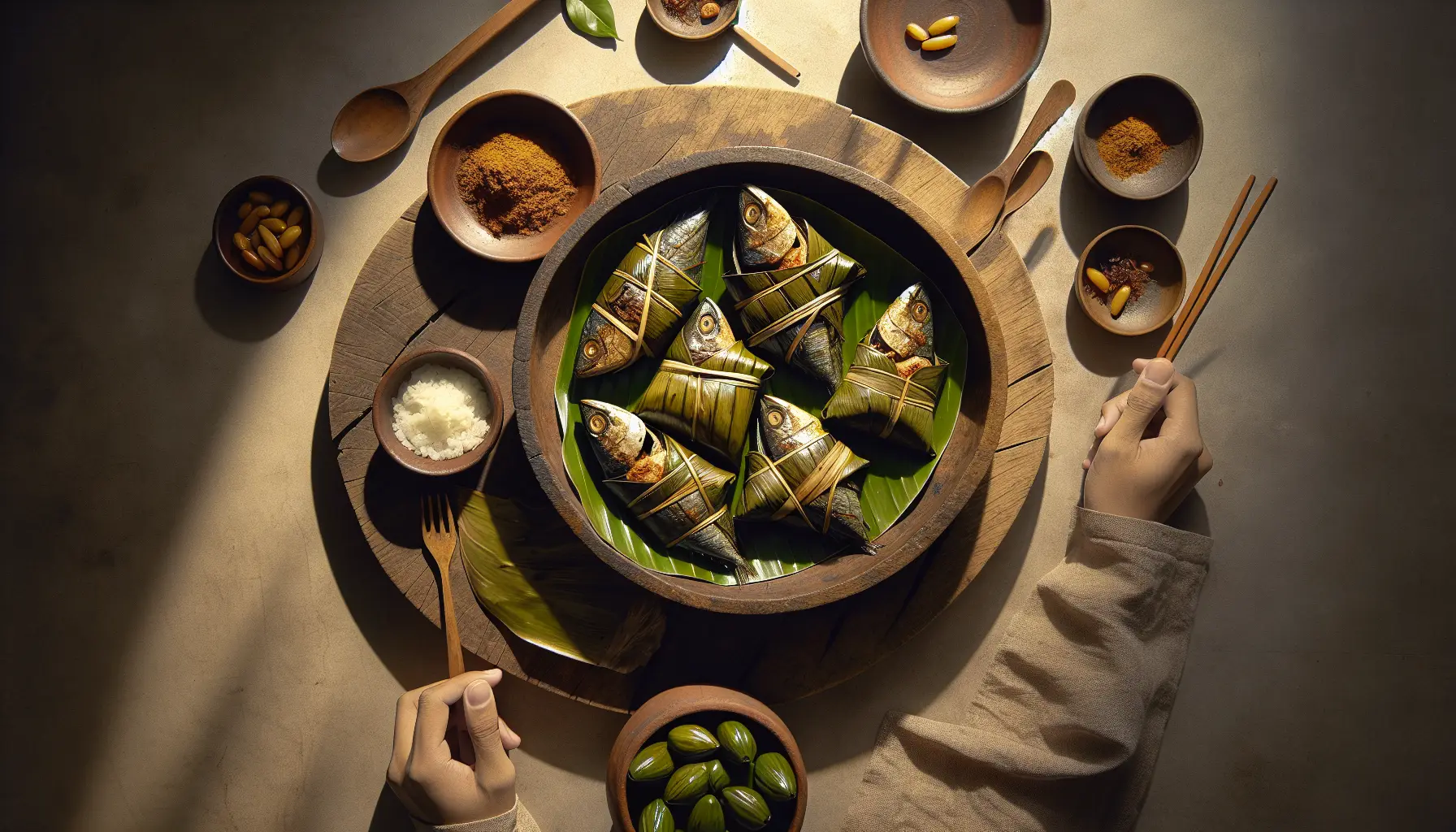 Indonesian Pepes Ikan (Steamed Spiced Fish in Banana Leaves) plated