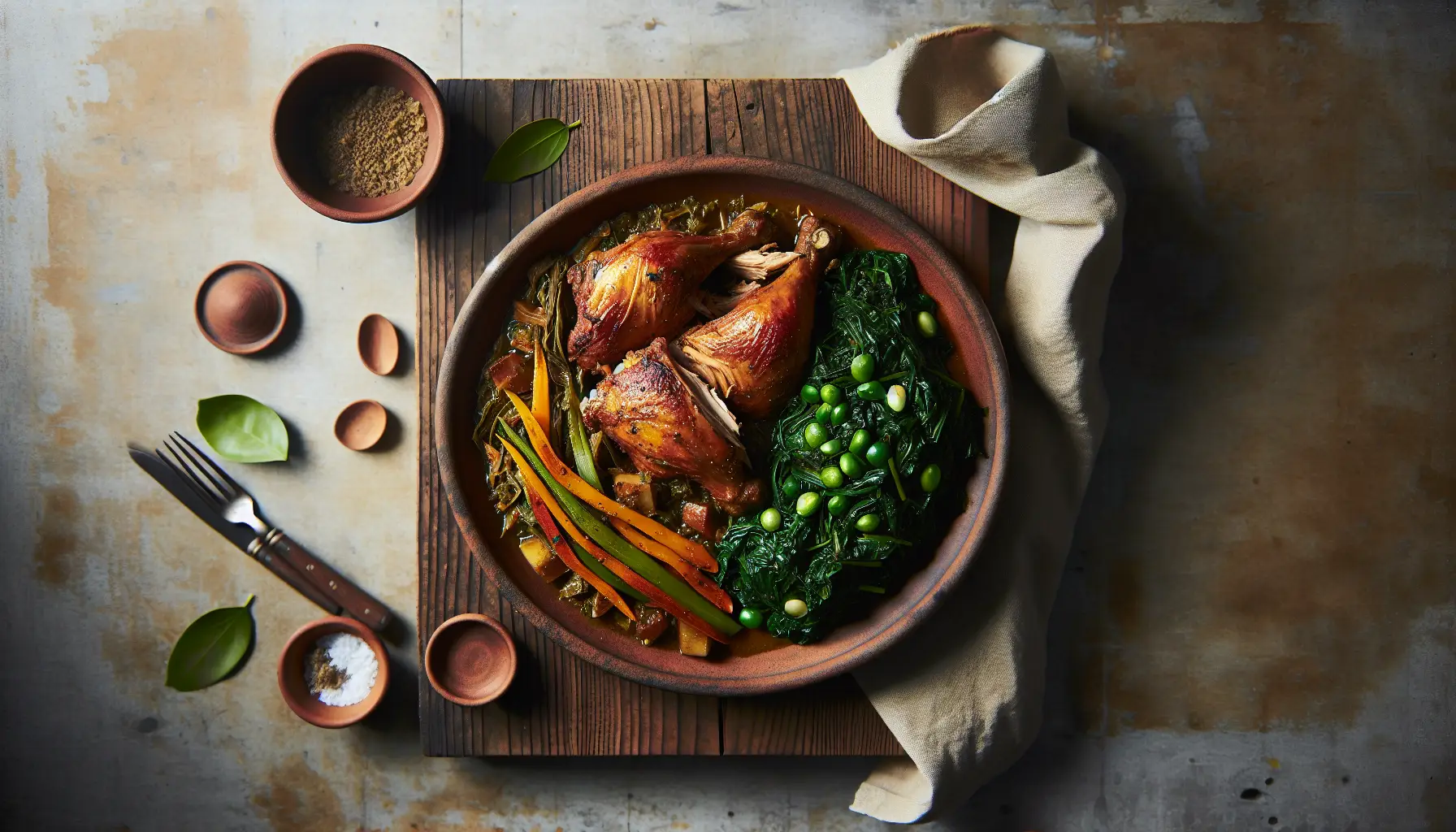 Slow-Braised Caribbean Jerk Chicken with Callaloo plated