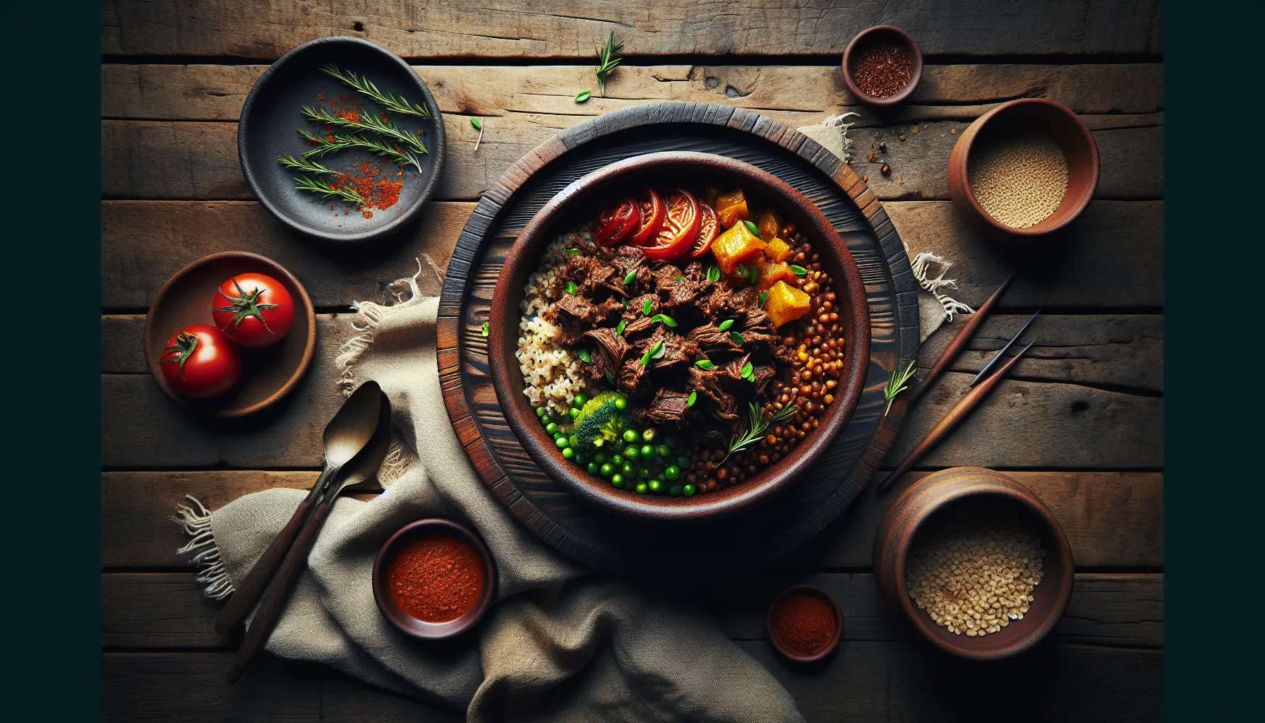 Ethiopian-Inspired Slow Braised Beef Tibs Grain Bowl plated