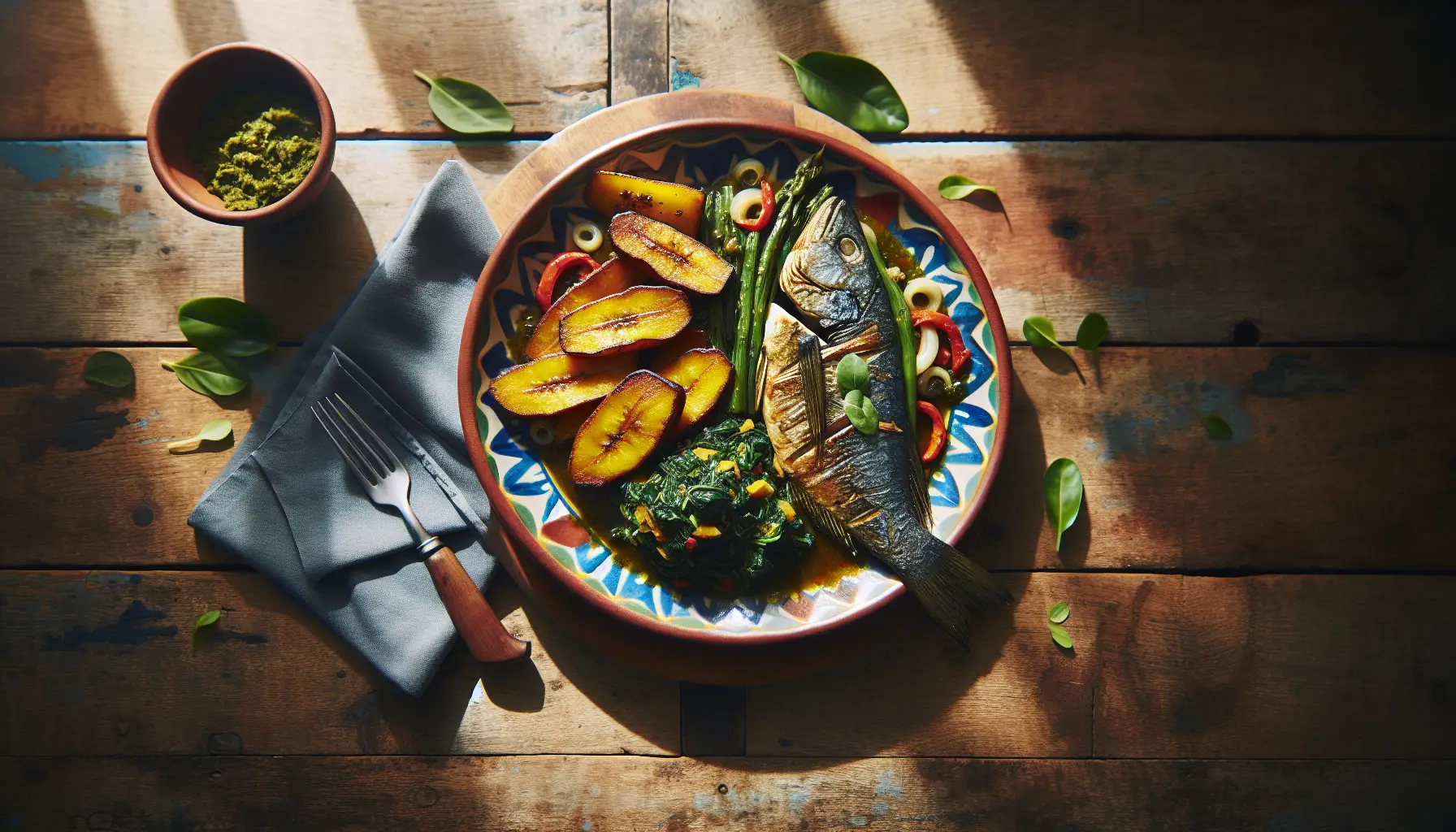Caribbean Steamed Fish with Callaloo and Sweet Plantains plated