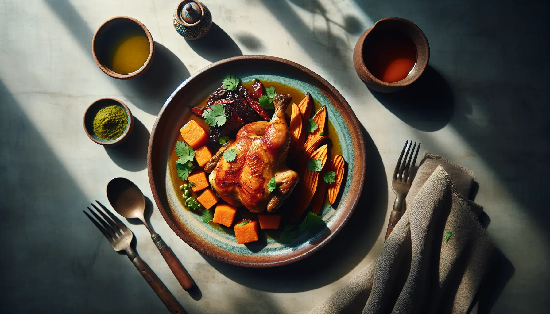 Peruvian Braised Chicken with Sweet Potato and Aji Verde plated