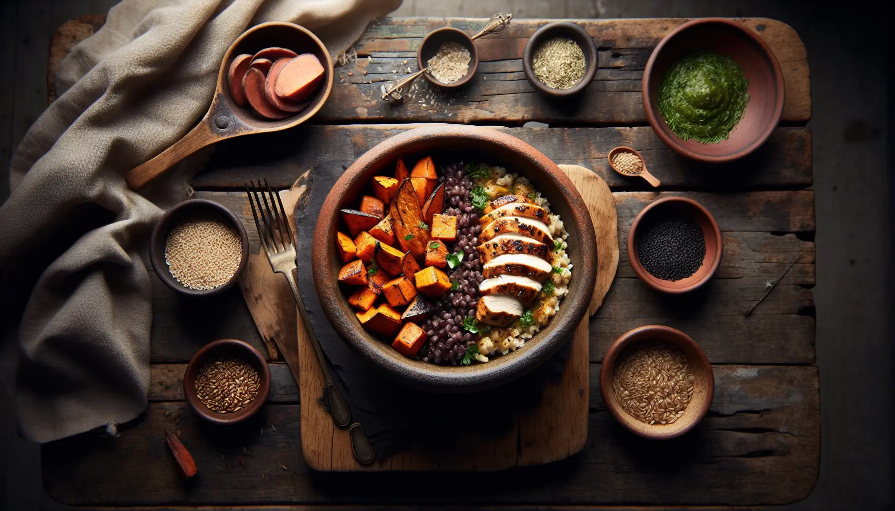Caribbean Jerk Chicken Grain Bowl with Roasted Sweet Potatoes plated