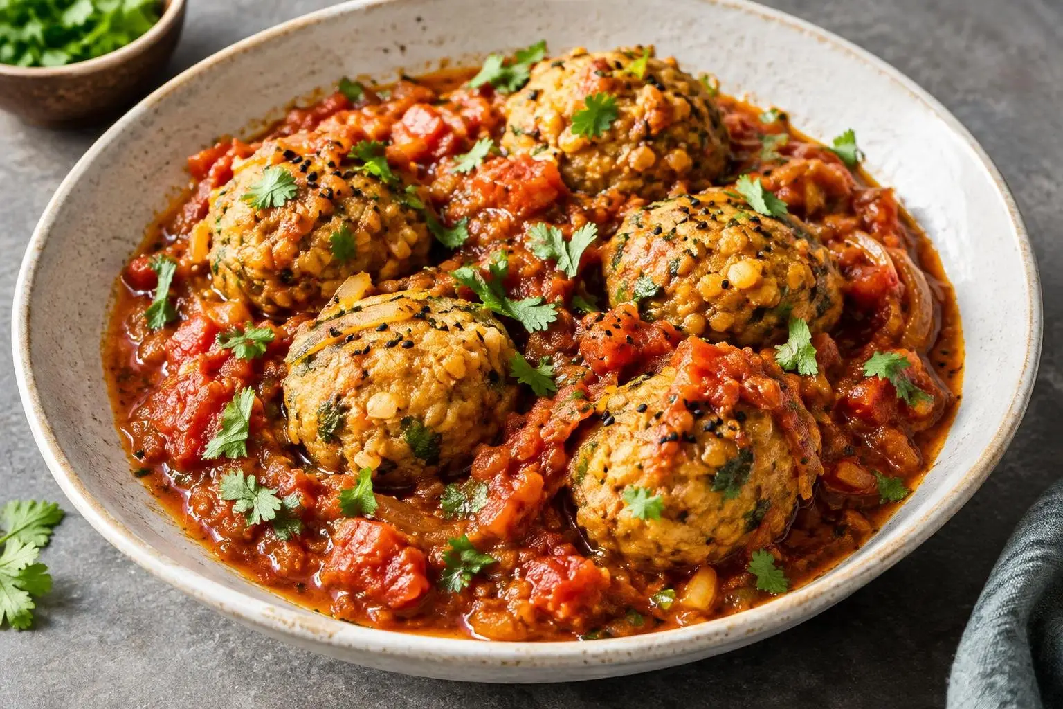 Ethiopian-Inspired Lentil Dumplings with Spiced Tomato Sauce plated and ready to serve