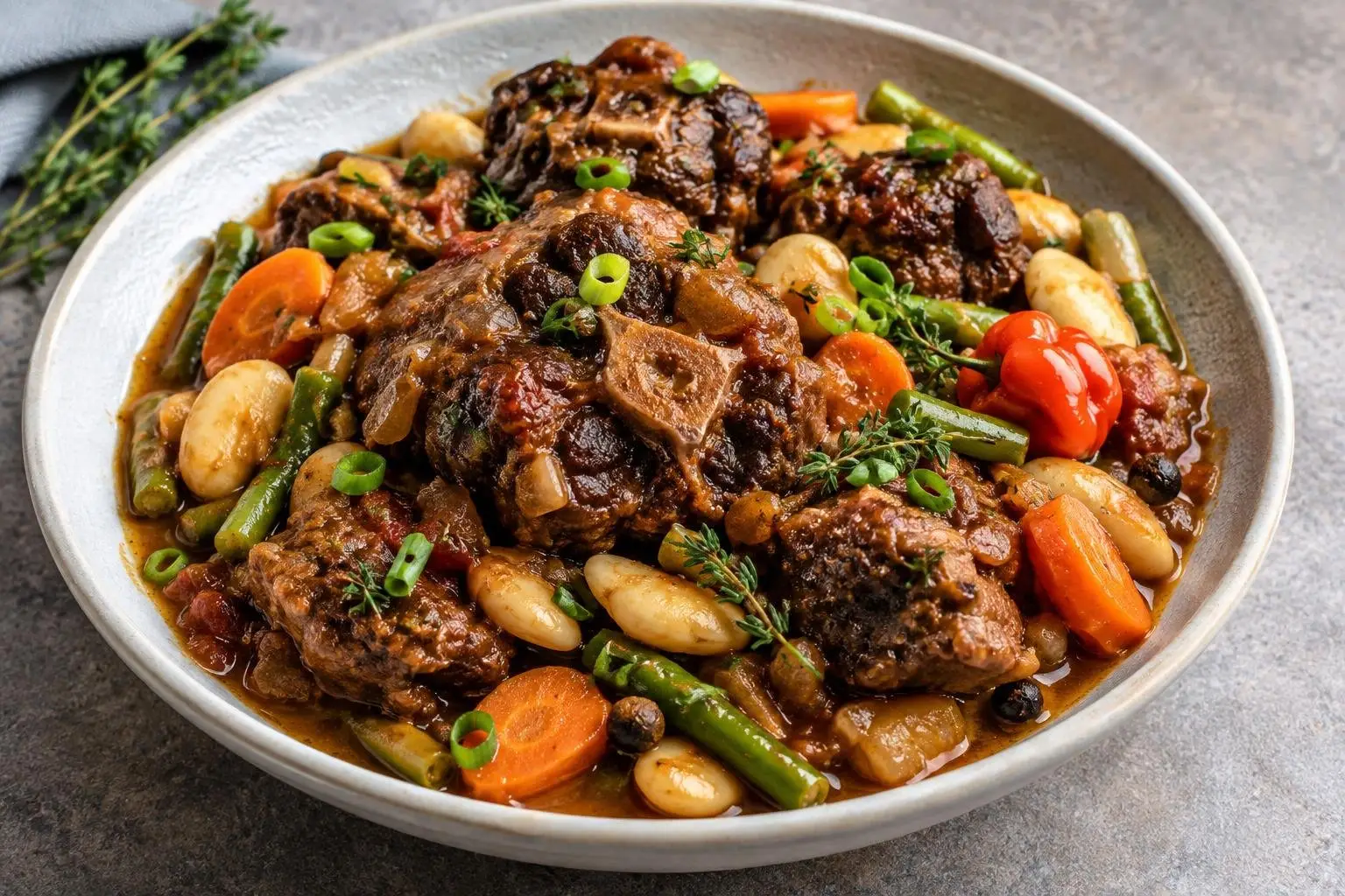 Jamaican Oxtail Stew with Butter Beans plated and ready to serve
