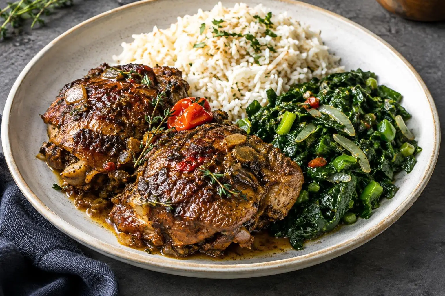 Slow-Braised Caribbean Jerk Chicken with Callaloo plated and ready to serve