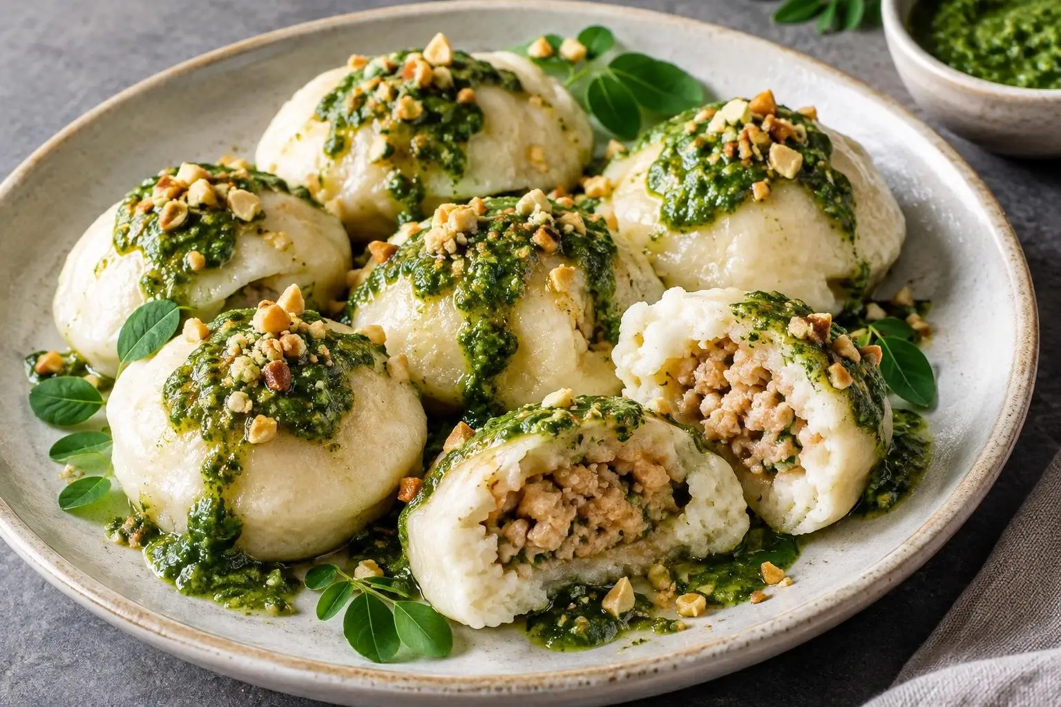 Filipino Chicken Puto Dumplings with Malunggay Pesto plated and ready to serve