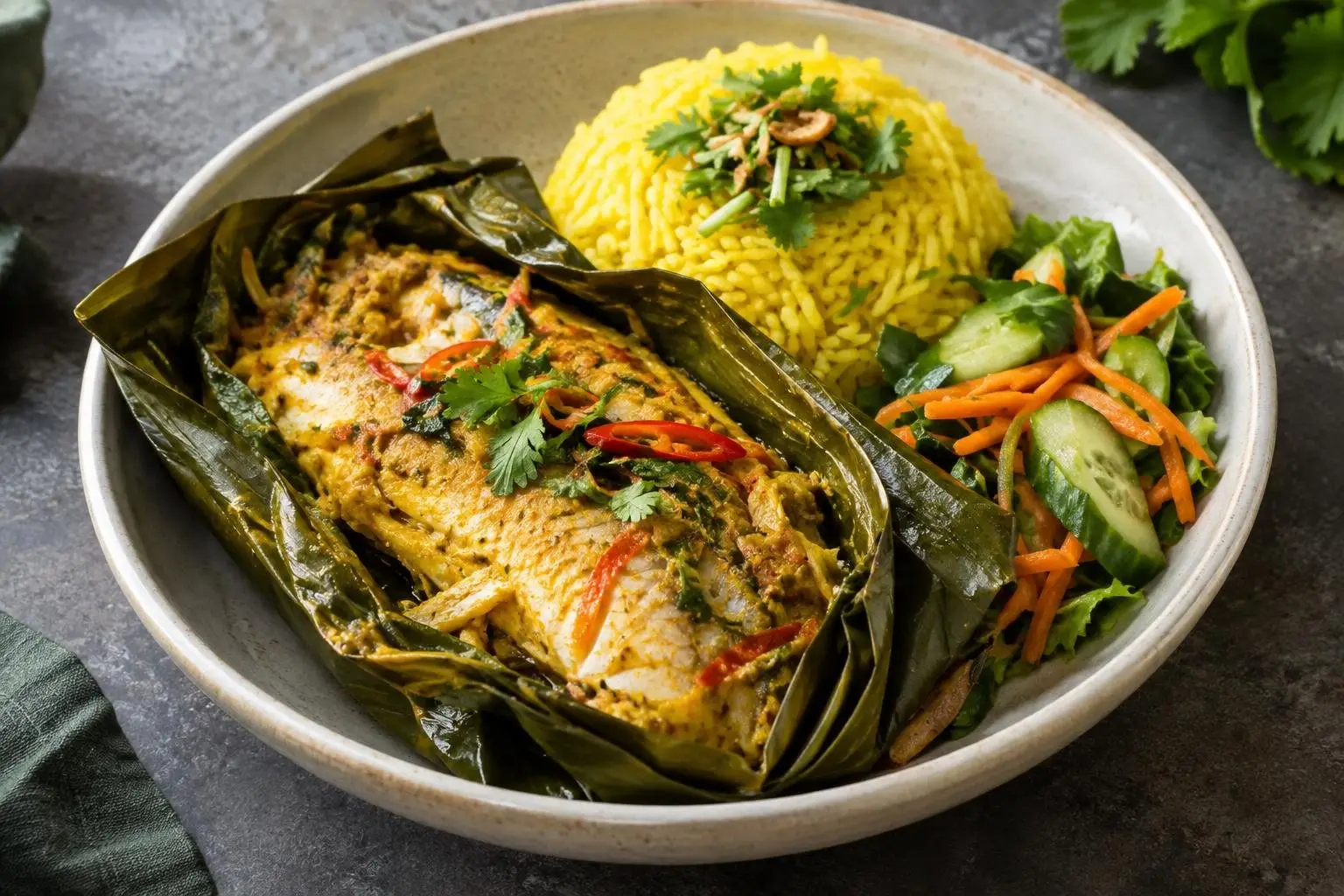 Indonesian Steamed Pepes Ikan with Turmeric Rice Bowl plated and ready to serve