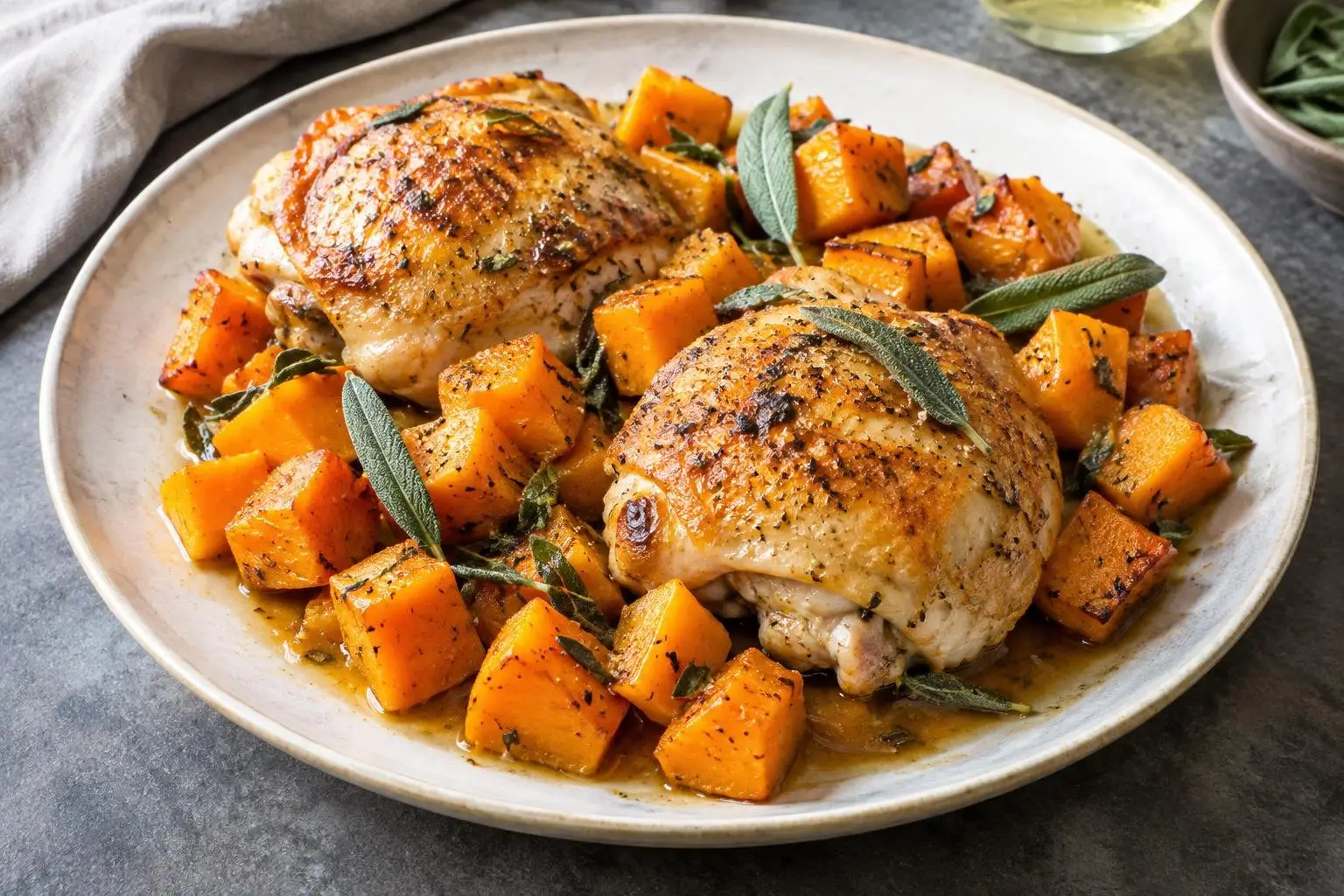 Autumn Roasted Chicken with Butternut Squash and Sage plated and ready to serve