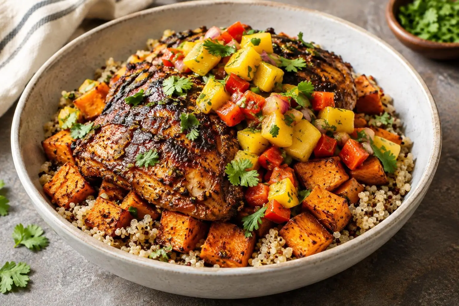 Caribbean Jerk Chicken Grain Bowl with Roasted Sweet Potatoes plated and ready to serve