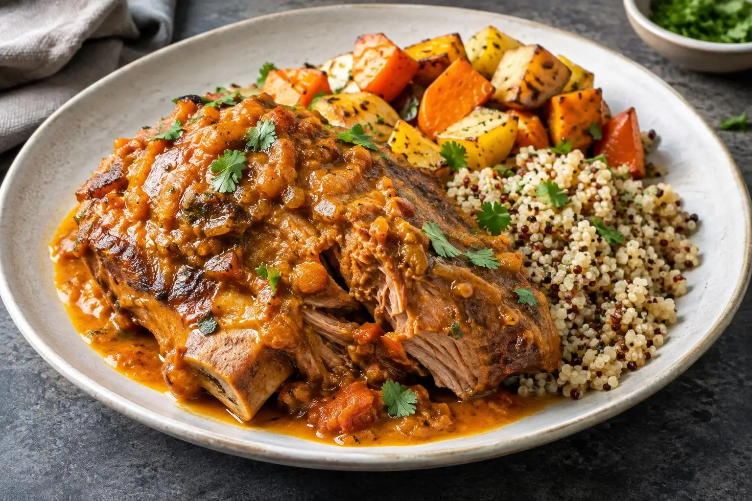 Peruvian-Style Slow Braised Pork with Aji Amarillo Sauce plated and ready to serve