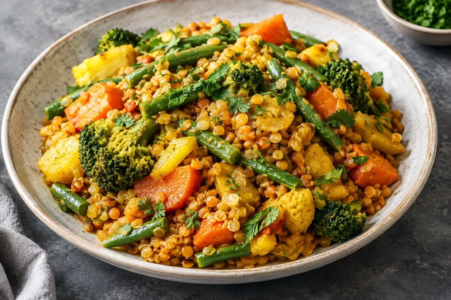 Ethiopian-Inspired Steamed Vegetable and Lentil Medley plated and ready to serve