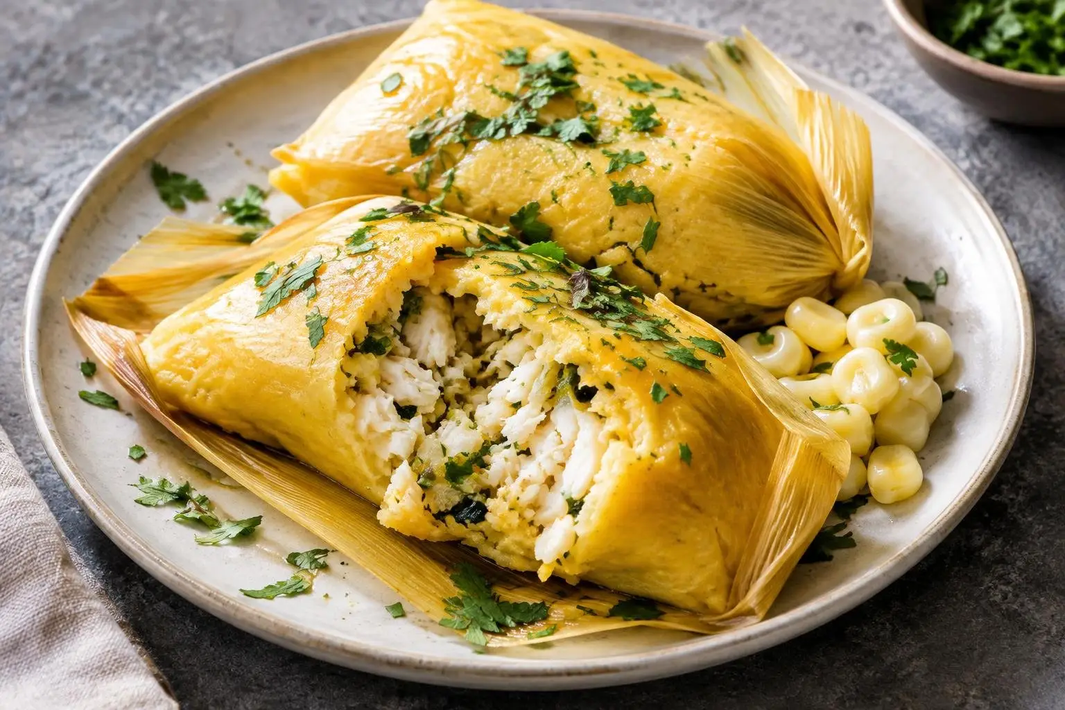 Peruvian Steamed Fish Tamales plated and ready to serve