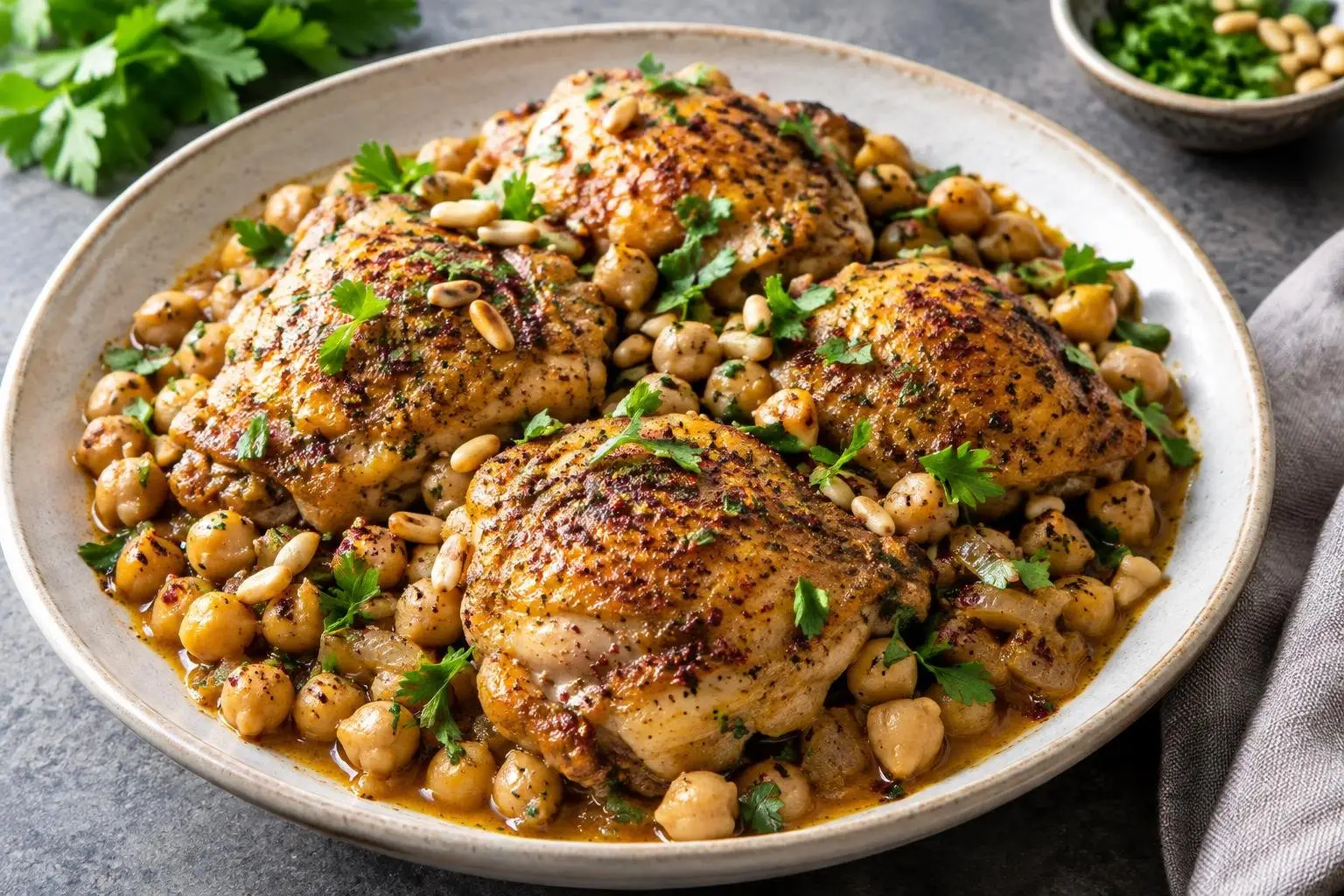 Pressure-Cooked Lebanese Chicken with Chickpeas and Sumac plated and ready to serve