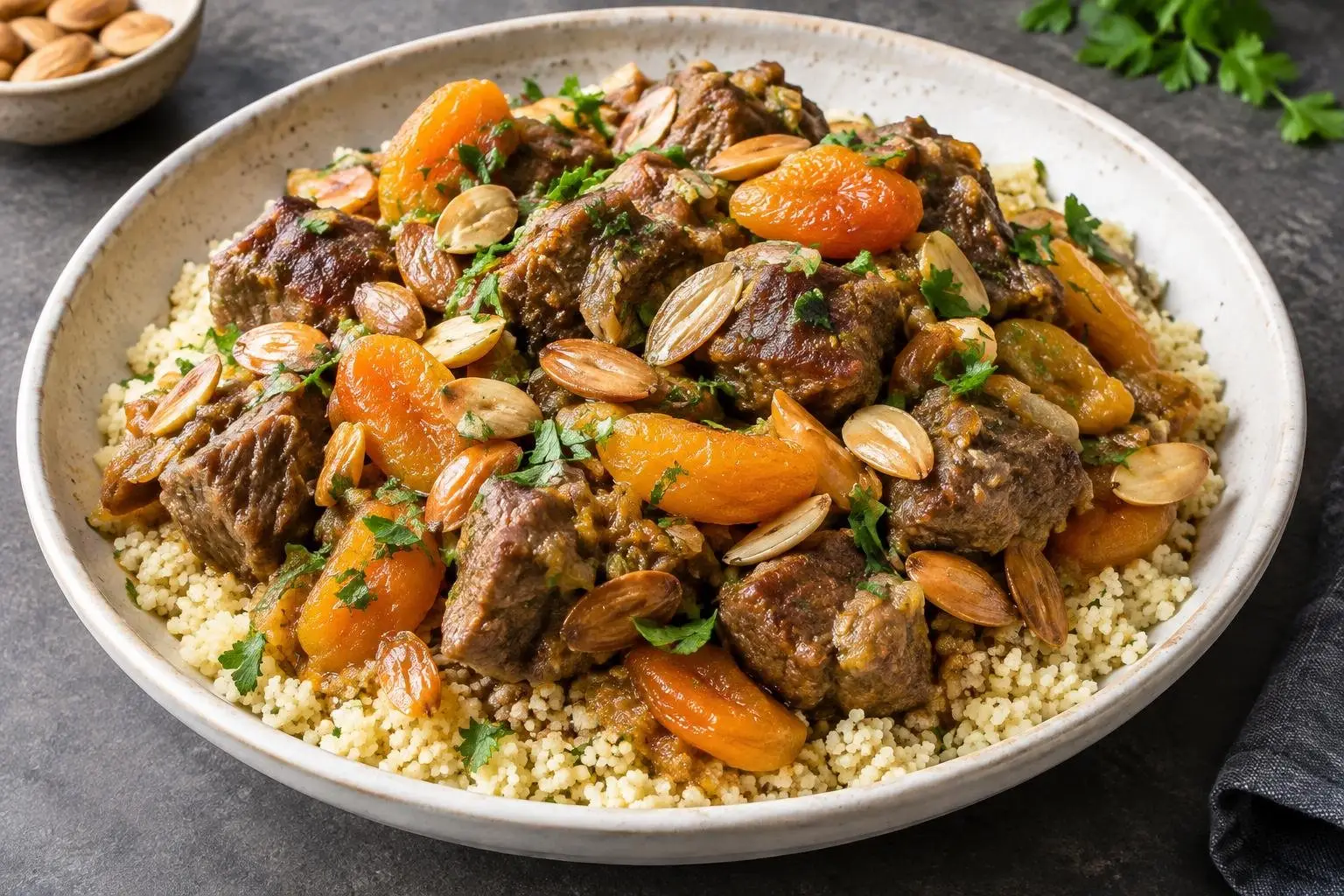 Lebanese Pressure-Cooked Lamb Skillet with Apricots and Almonds plated and ready to serve
