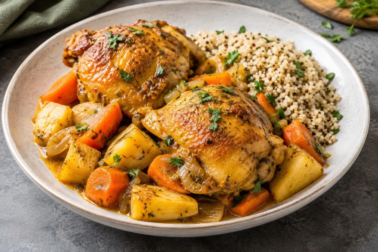 Peruvian Braised Chicken with Seasonal Root Vegetables plated and ready to serve