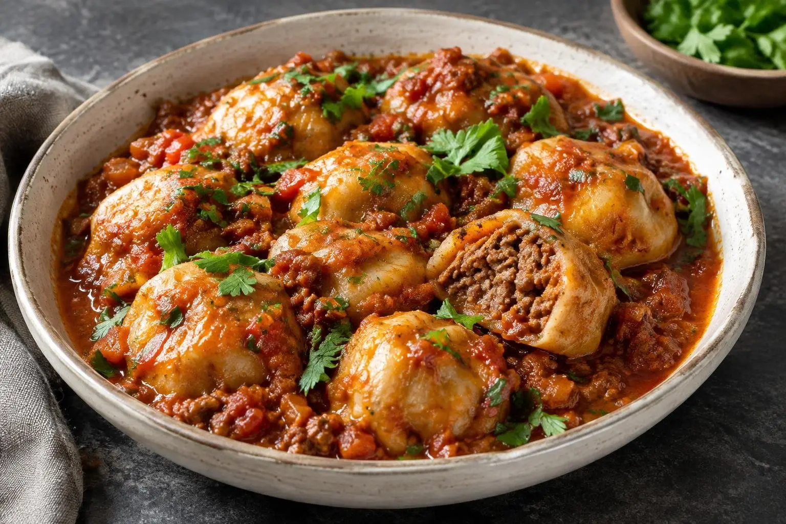 Slow-Braised Ethiopian Kitfo Dumplings plated and ready to serve