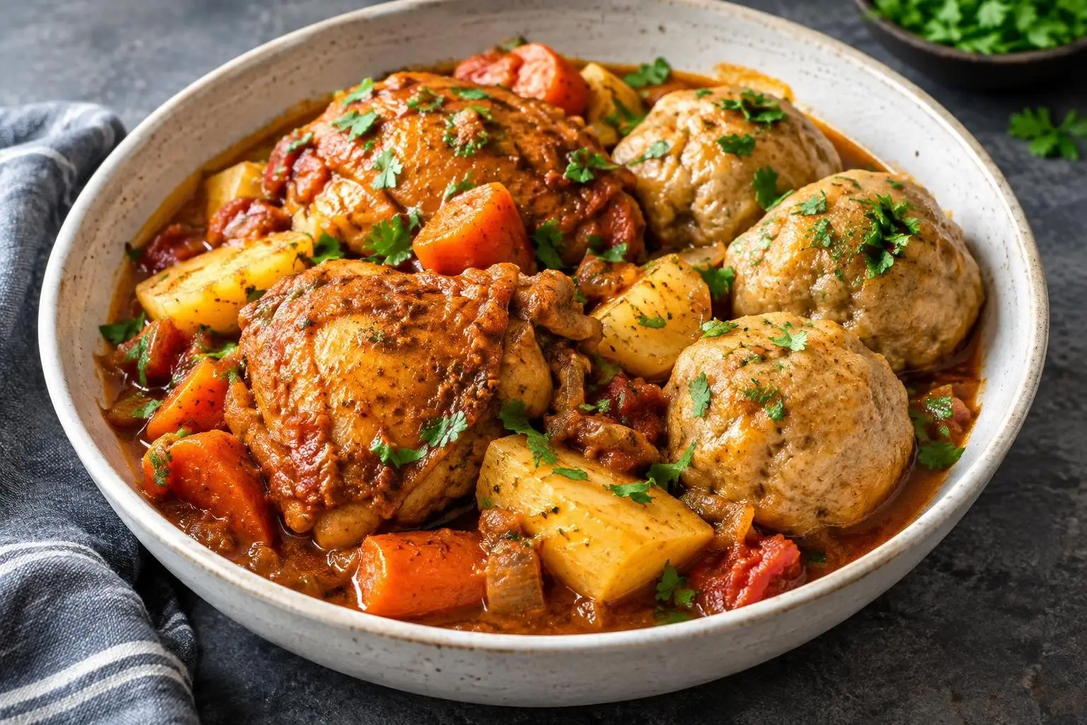 Ethiopian Spiced Chicken Stew with Injera Dumplings plated and ready to serve