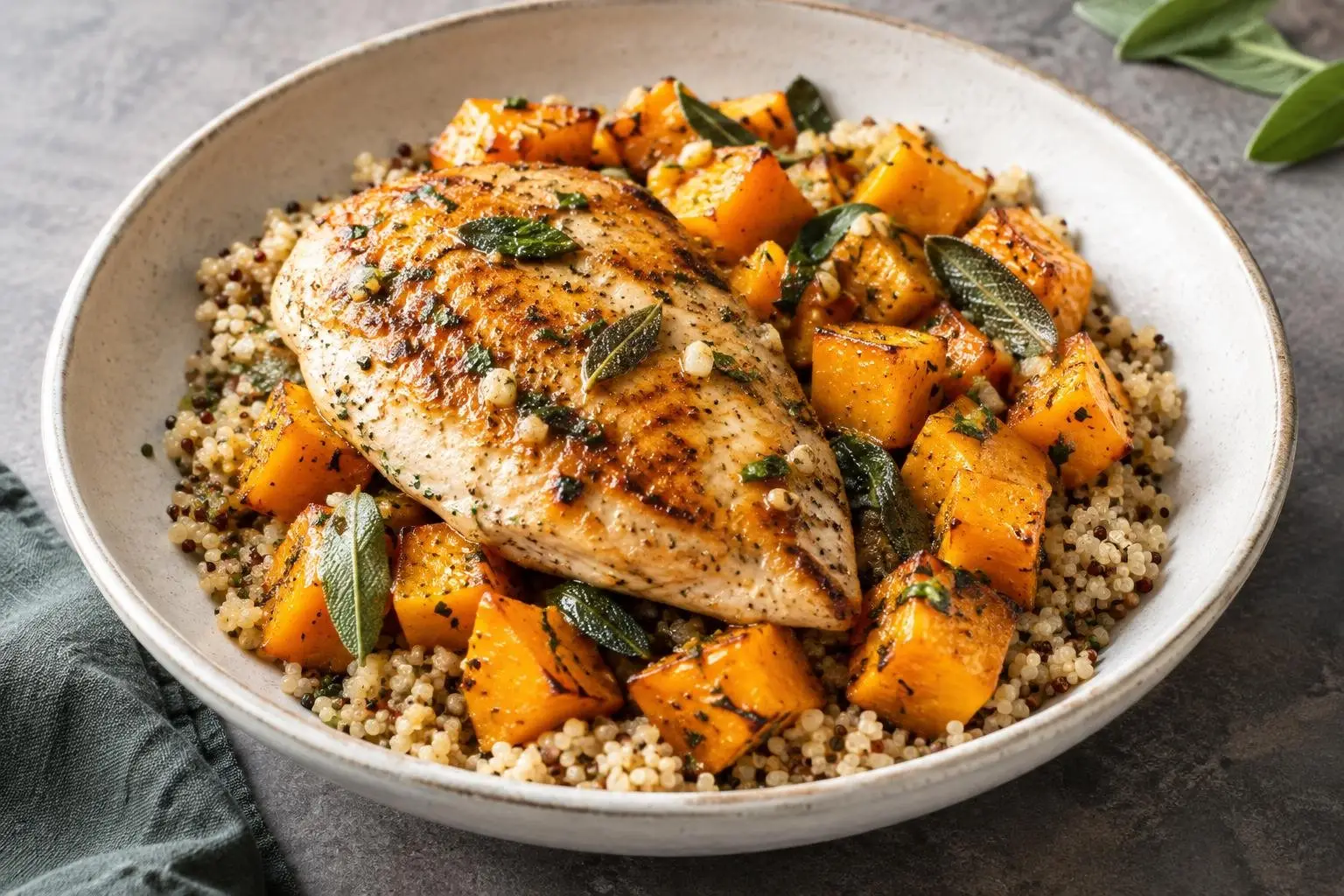 Pan-Seared Chicken with Roasted Butternut Squash and Sage plated and ready to serve