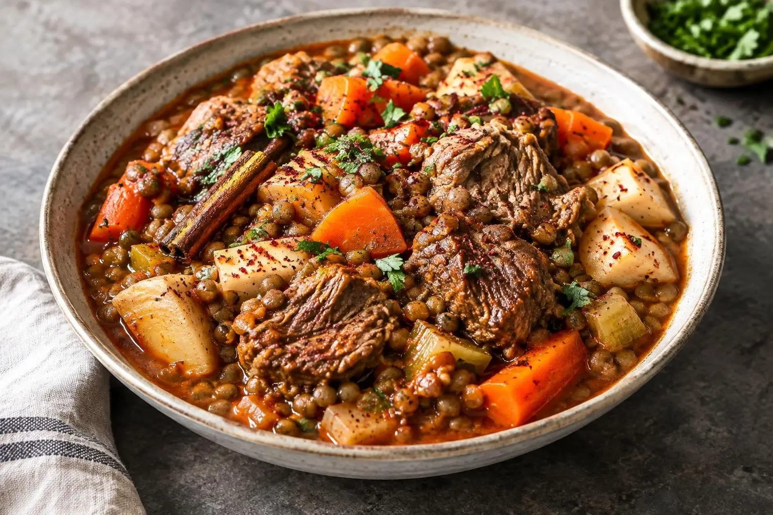 Lebanese Lentil and Lamb Stew with Seasonal Root Vegetables plated and ready to serve