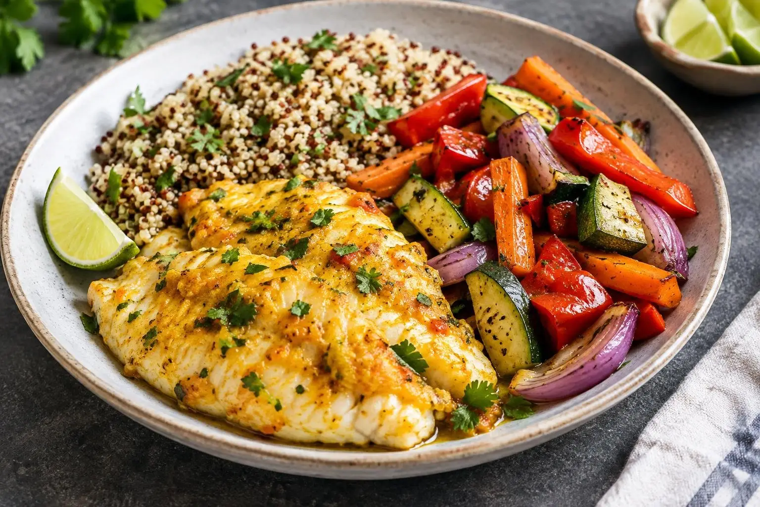 Peruvian Steamed Fish with Quinoa and Roasted Vegetables plated and ready to serve