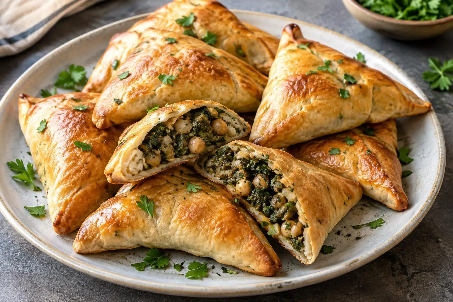 Lebanese Spinach and Chickpea Fatayer (Savory Turnovers) plated and ready to serve