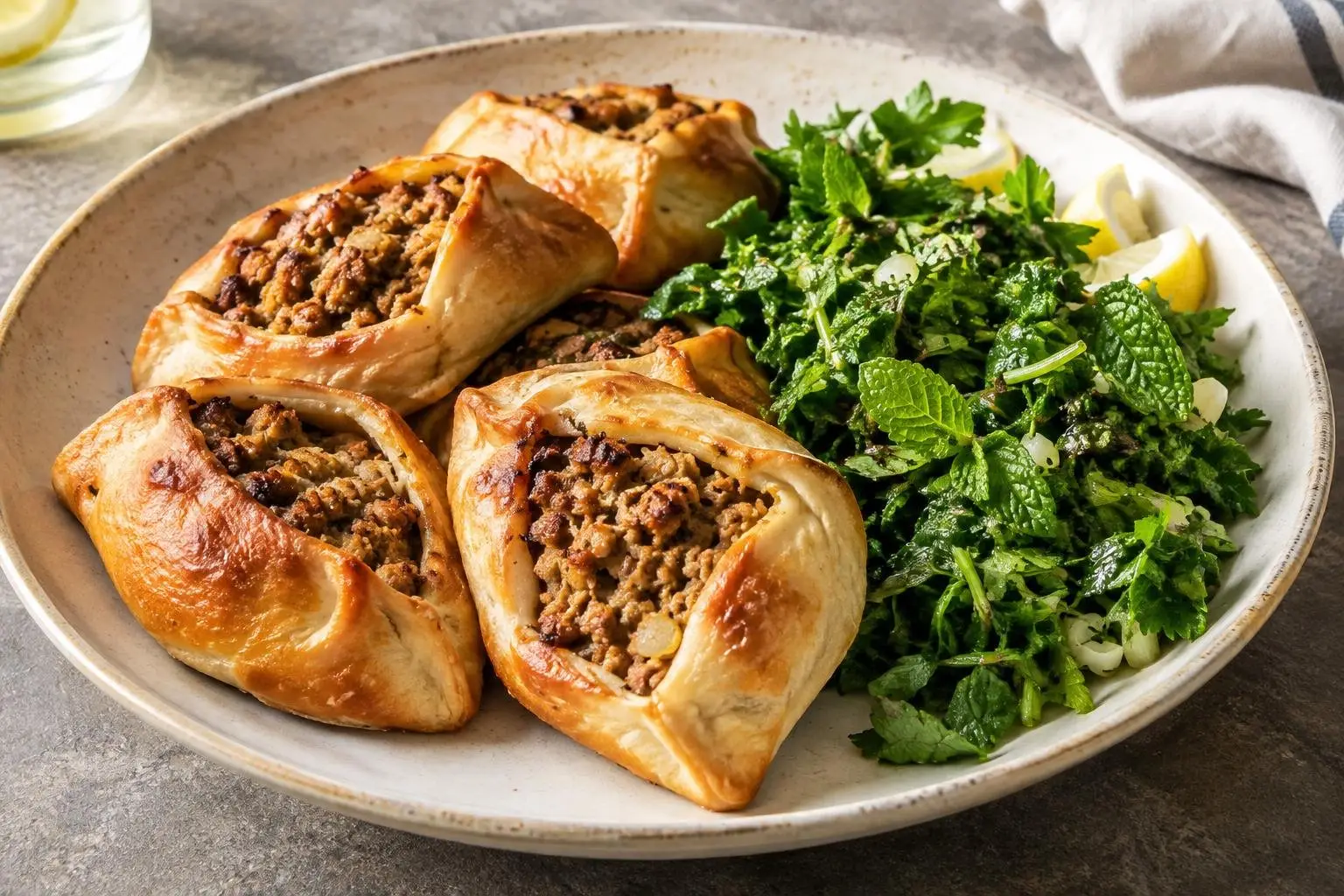 Lebanese Chicken Sfeeha with Fresh Herb Salad plated and ready to serve