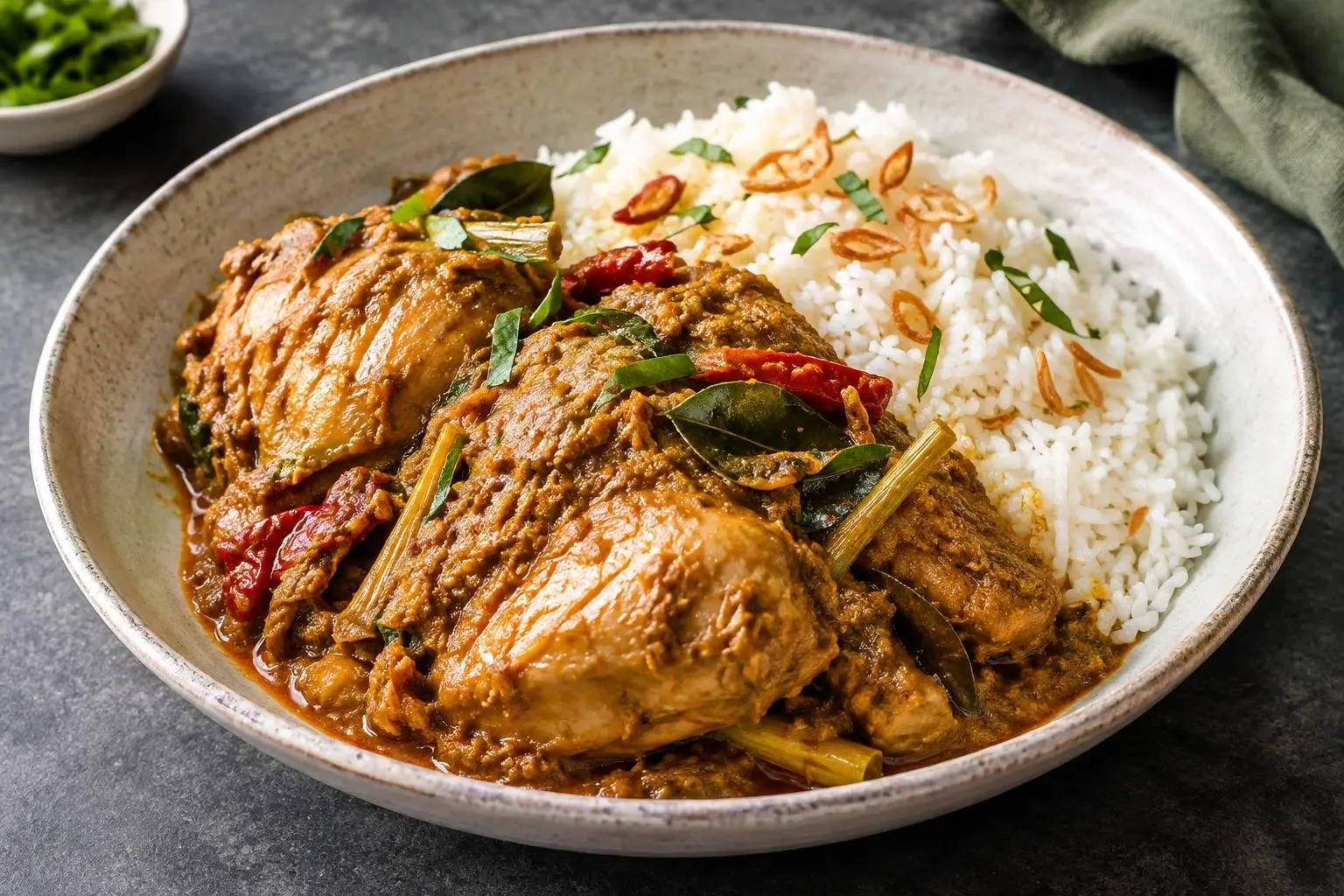 Indonesian Pressure-Cooked Chicken Rendang with Coconut Rice plated and ready to serve