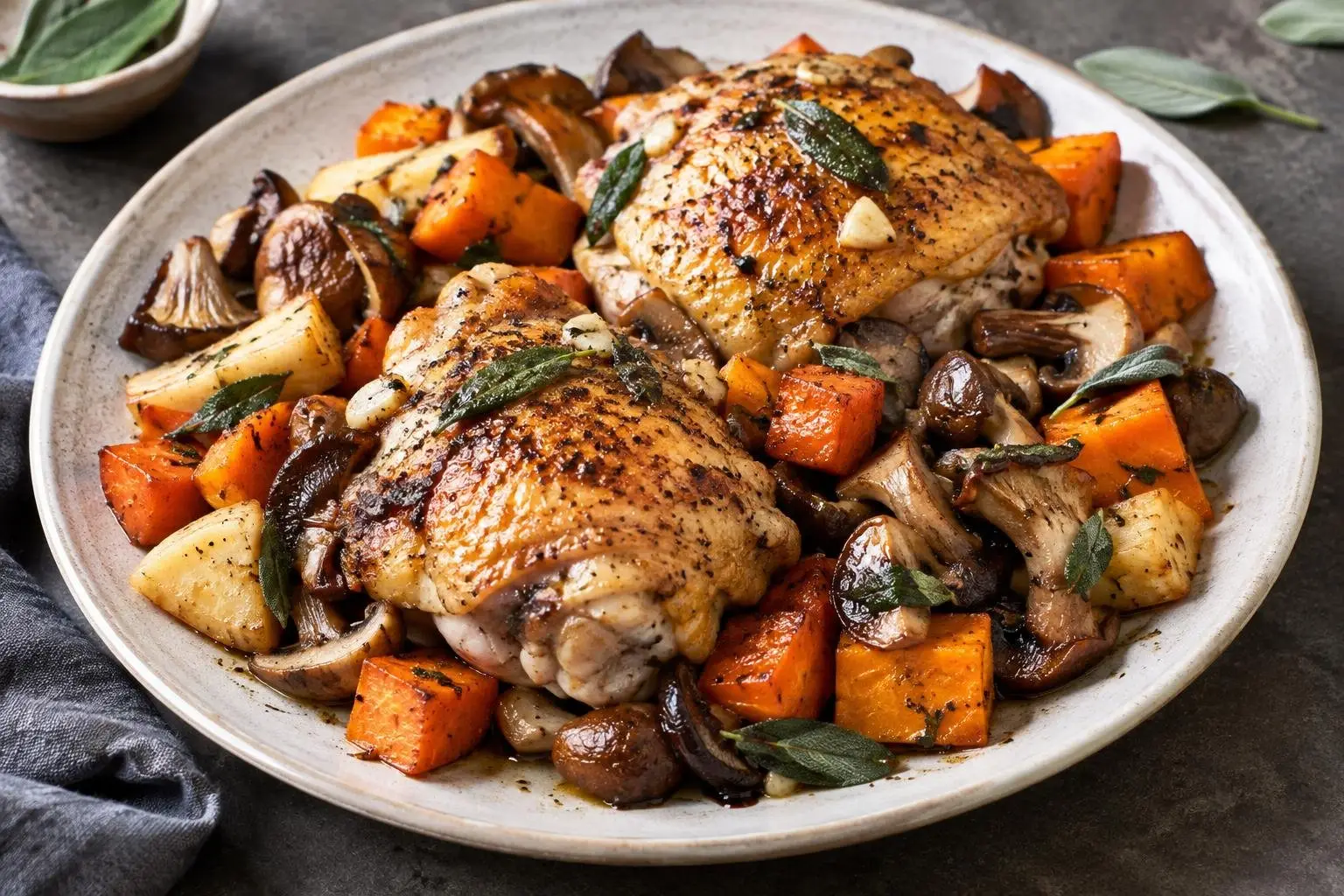 Roasted Autumn Mushroom and Sage Chicken Thighs plated and ready to serve