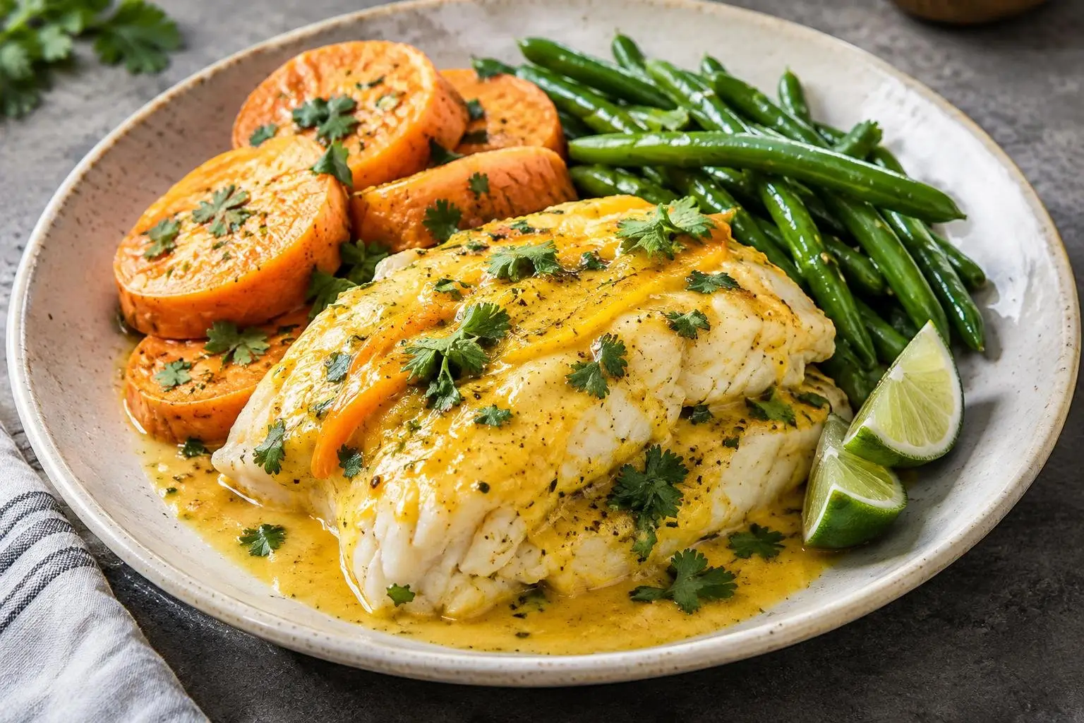 Peruvian-Style Steamed Fish with Aji Amarillo and Sweet Potato plated and ready to serve