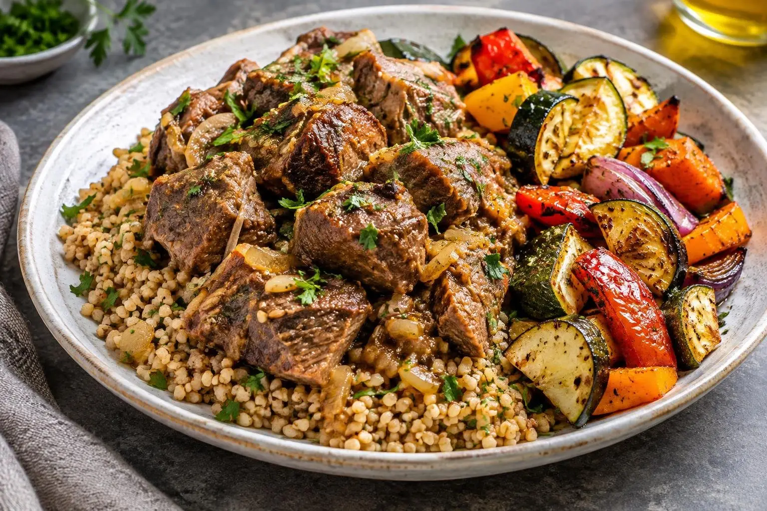 Lebanese Lamb and Bulgur Pilaf with Roasted Seasonal Vegetables plated and ready to serve