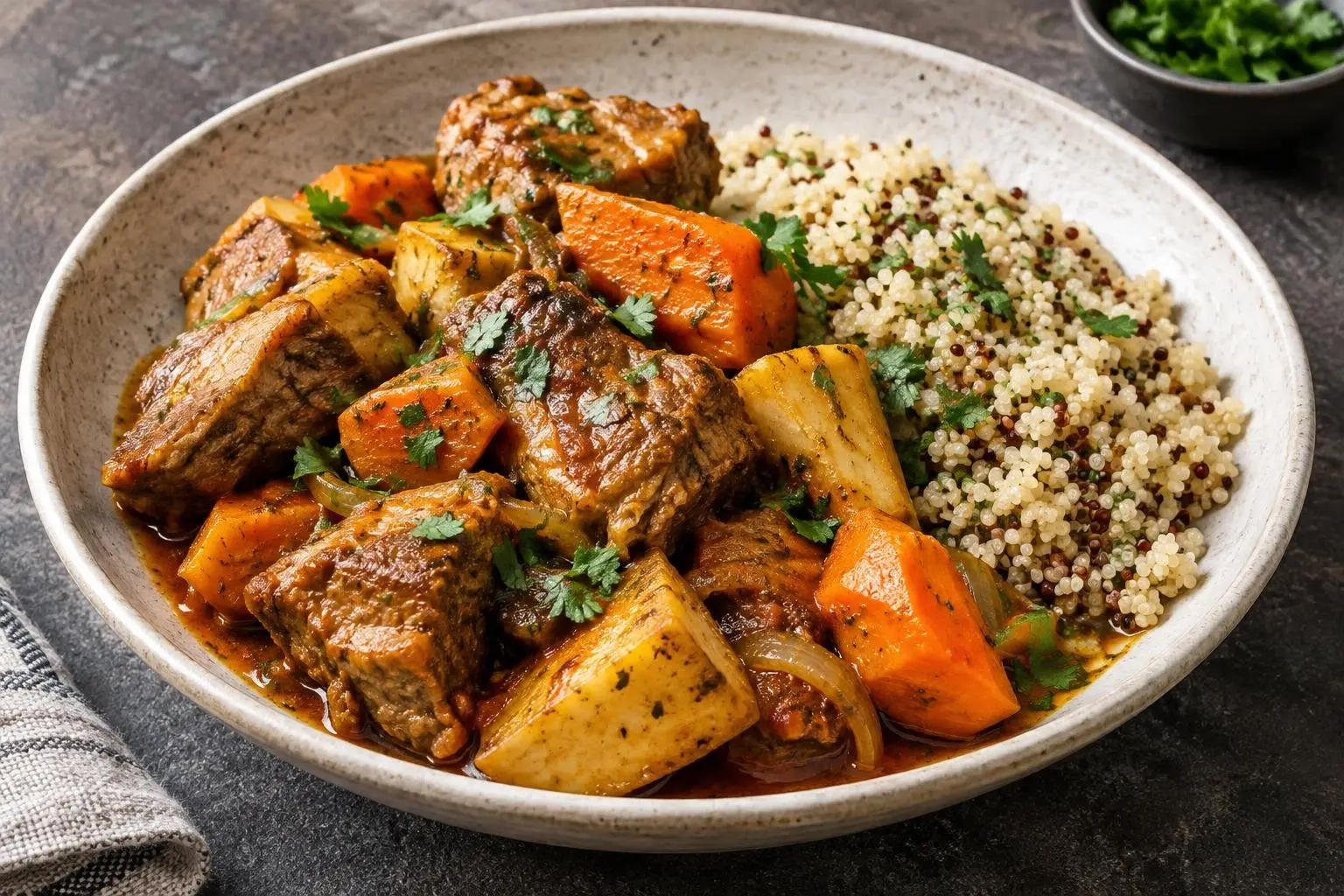 Pressure-Cooked Peruvian Adobo with Root Vegetables plated and ready to serve