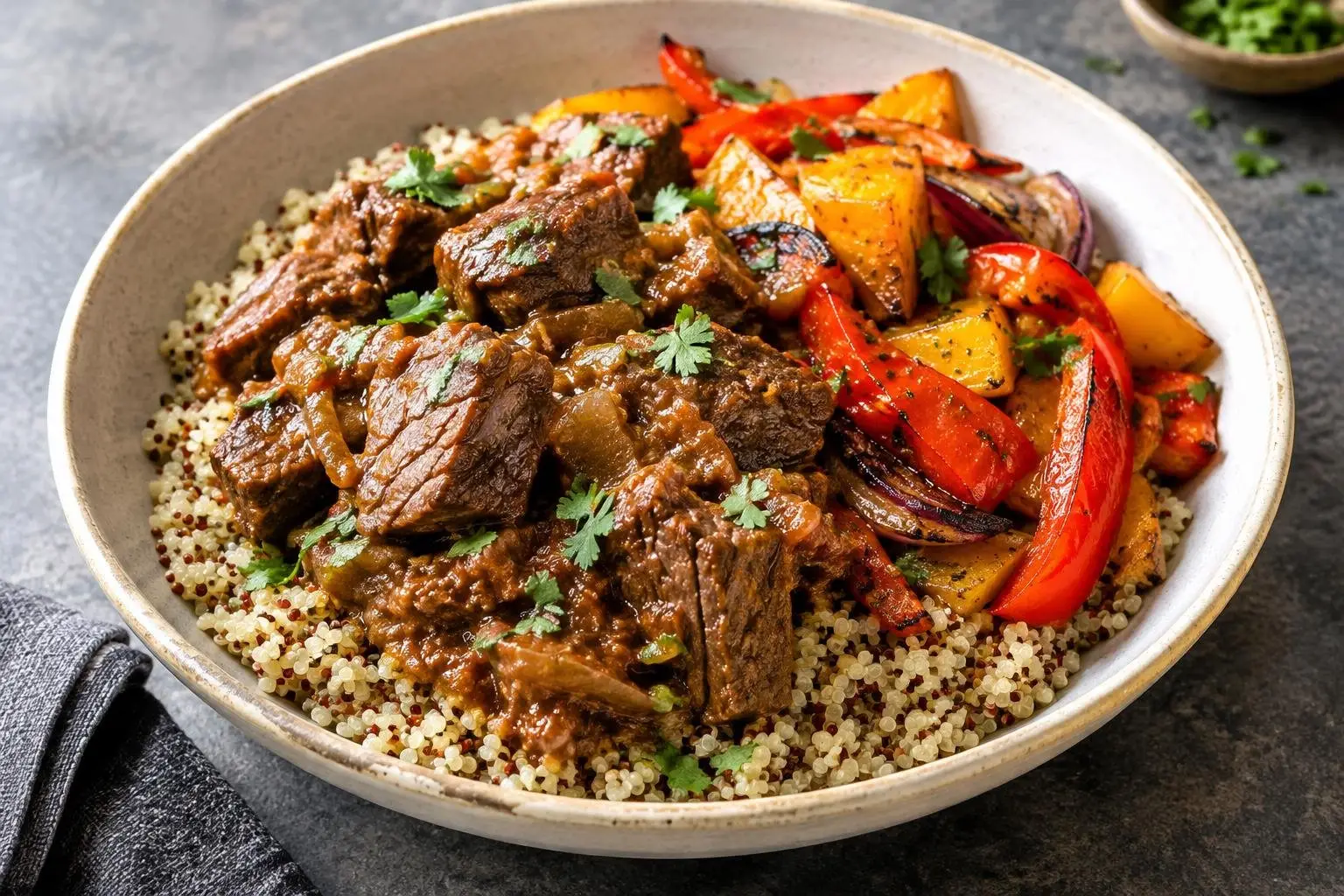 Peruvian Slow-Braised Beef with Quinoa and Roasted Vegetables plated and ready to serve