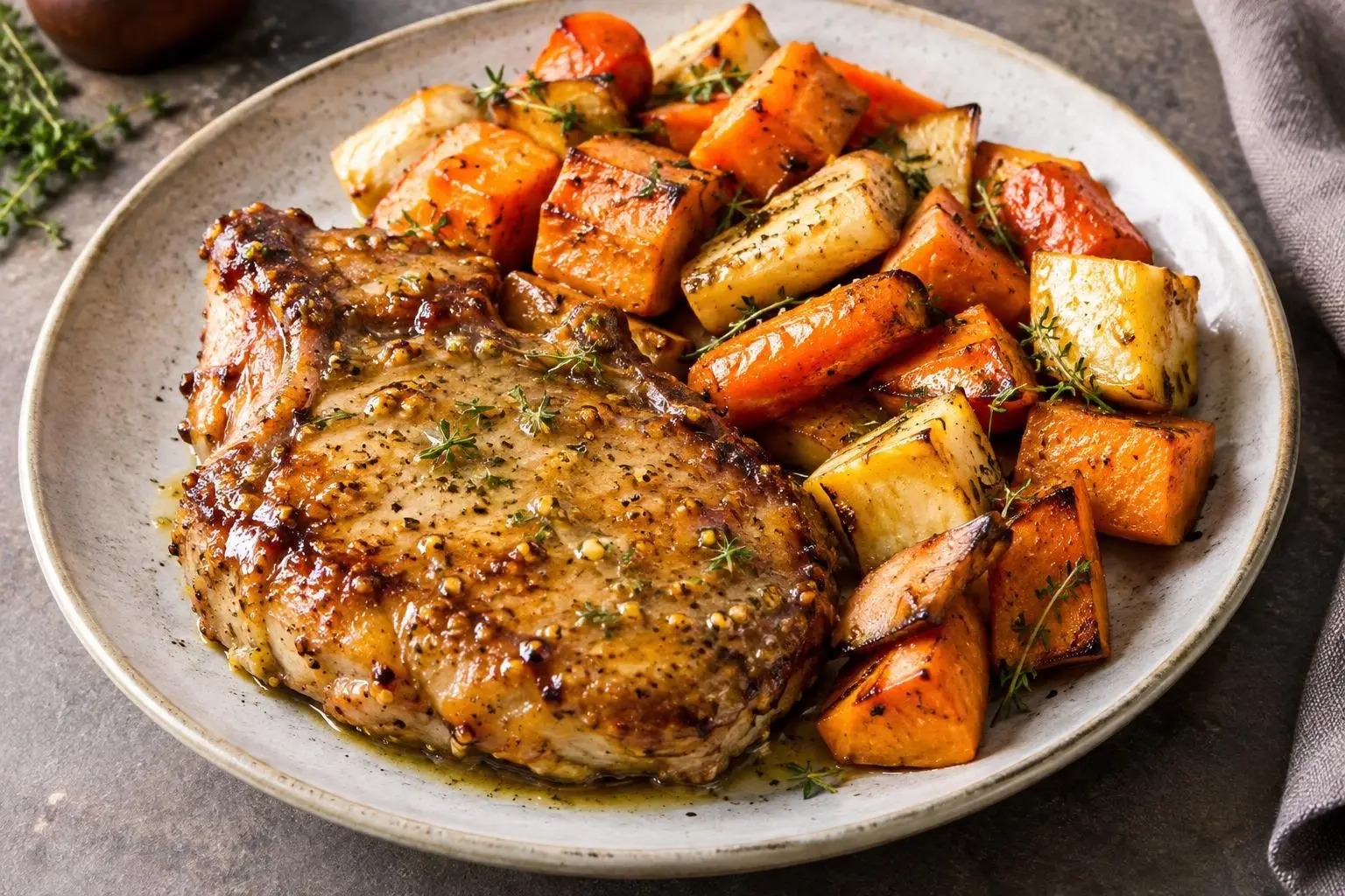 Honey-Mustard Glazed Pork Chops with Roasted Autumn Vegetables plated and ready to serve