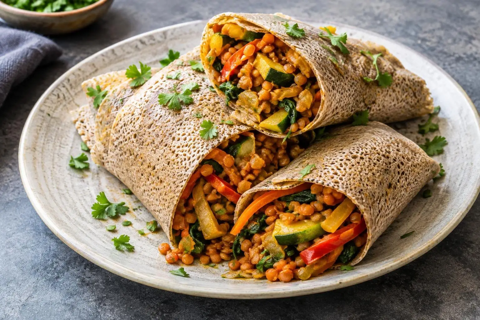 Ethiopian-Inspired Stir-Fried Injera Wraps with Spiced Lentils plated and ready to serve