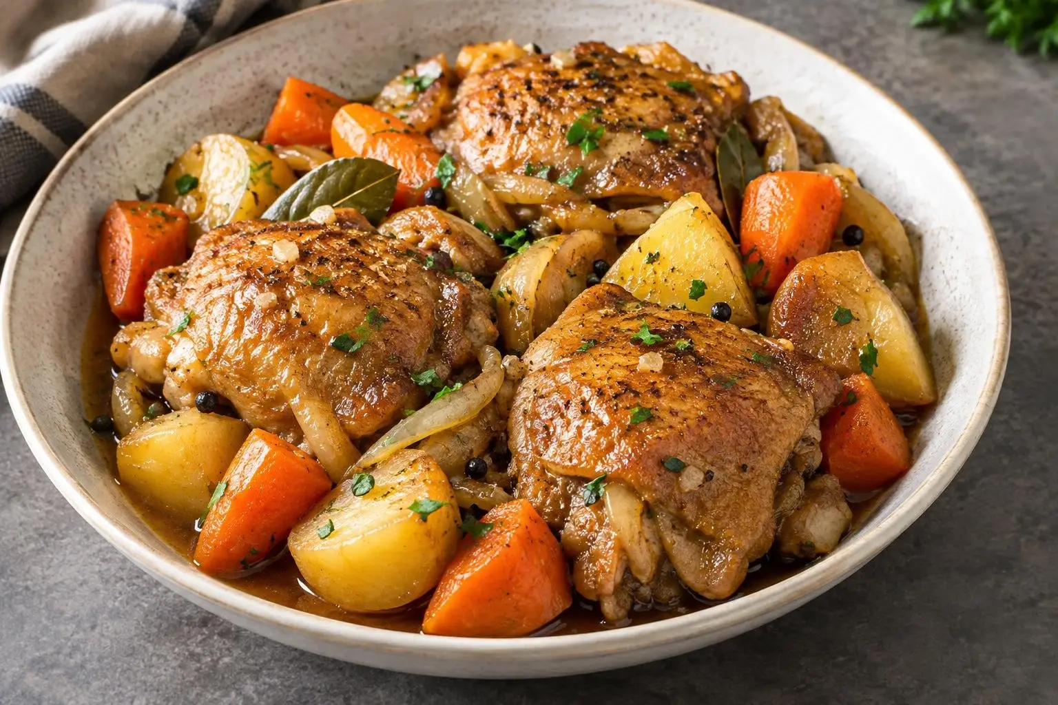 Adobo-Inspired Braised Chicken Thighs with Seasonal Vegetables plated and ready to serve