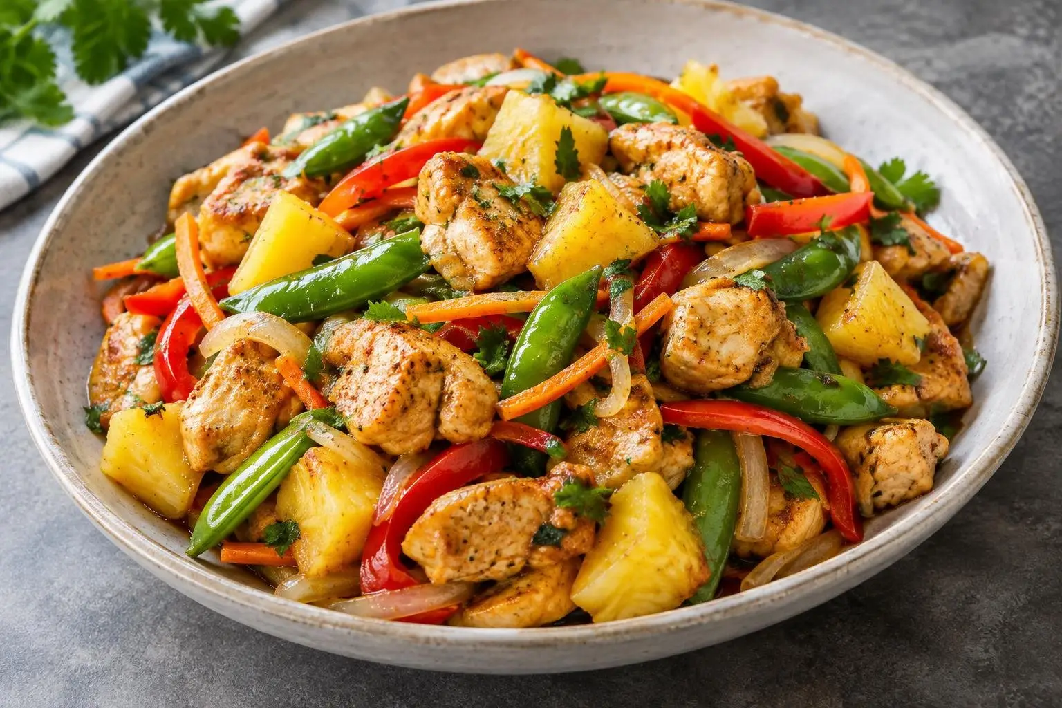 Caribbean Pineapple Chicken Stir-Fry plated and ready to serve
