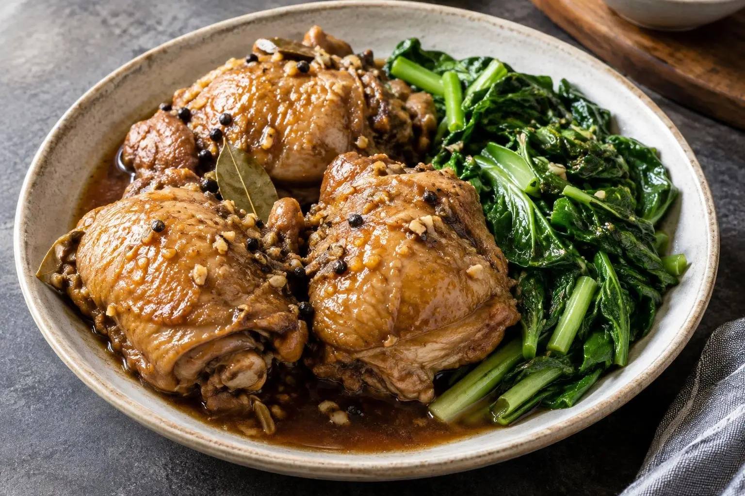 Poached Chicken Adobo with Seasonal Greens plated and ready to serve
