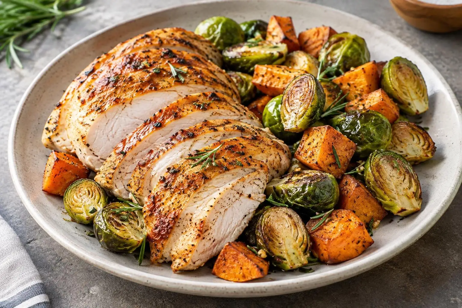 Autumn Roasted Turkey with Brussels Sprouts and Sweet Potatoes plated and ready to serve