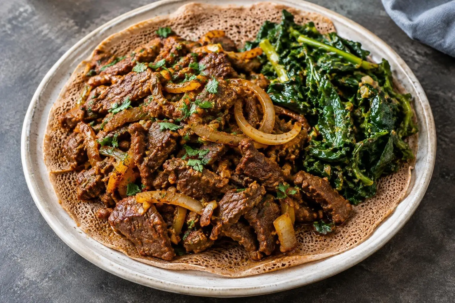 Ethiopian Spiced Beef Stir-Fry with Injera and Seasonal Greens plated and ready to serve