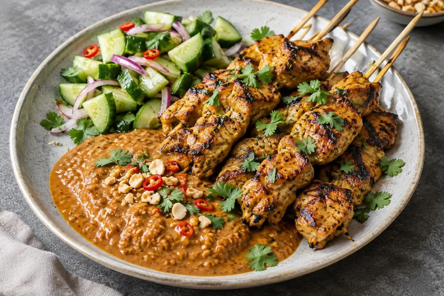 Indonesian Chicken Satay with Spicy Peanut Sauce plated and ready to serve