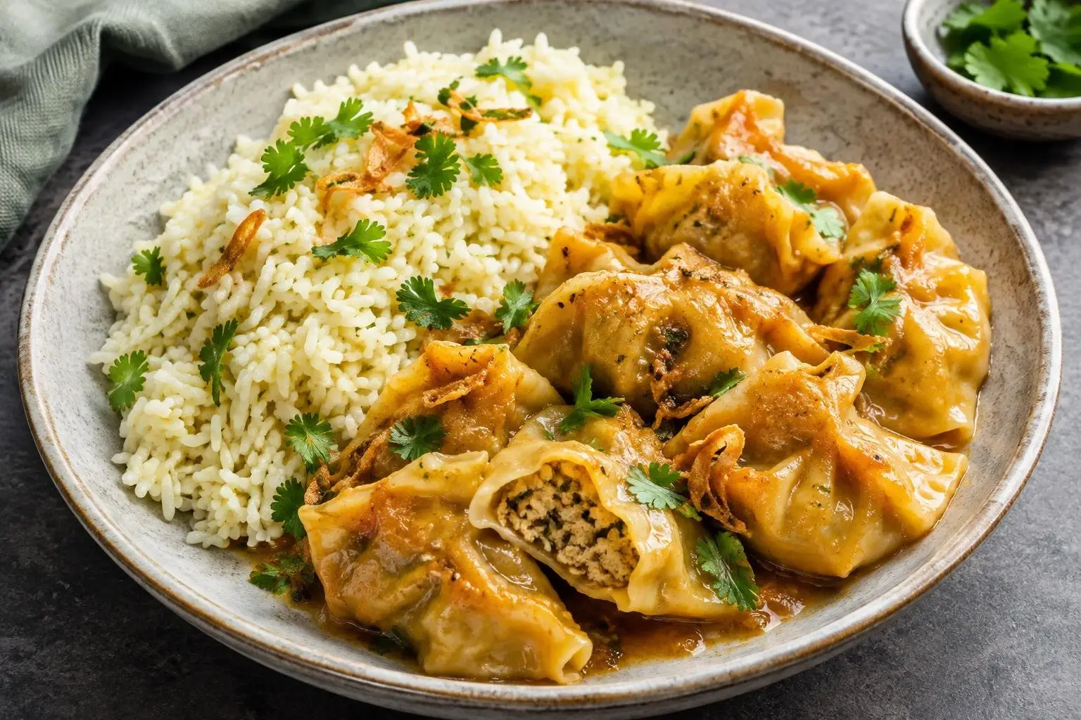 Indonesian Chicken Dumplings with Coconut Rice plated and ready to serve