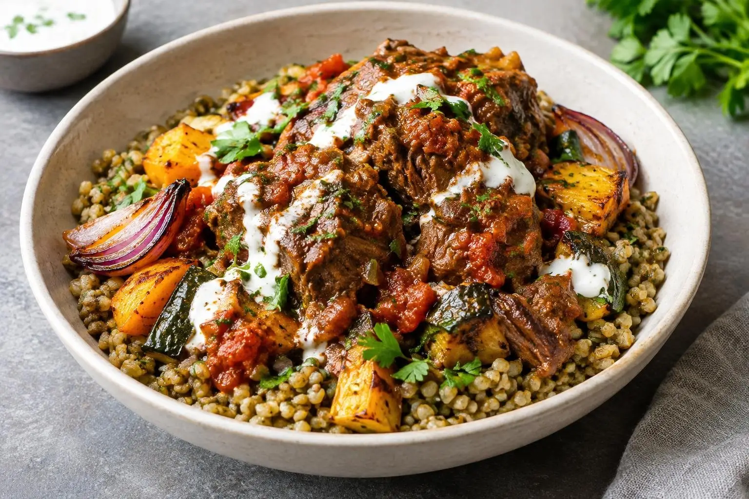 Lebanese Slow-Braised Lamb with Freekeh Grain Bowl plated and ready to serve