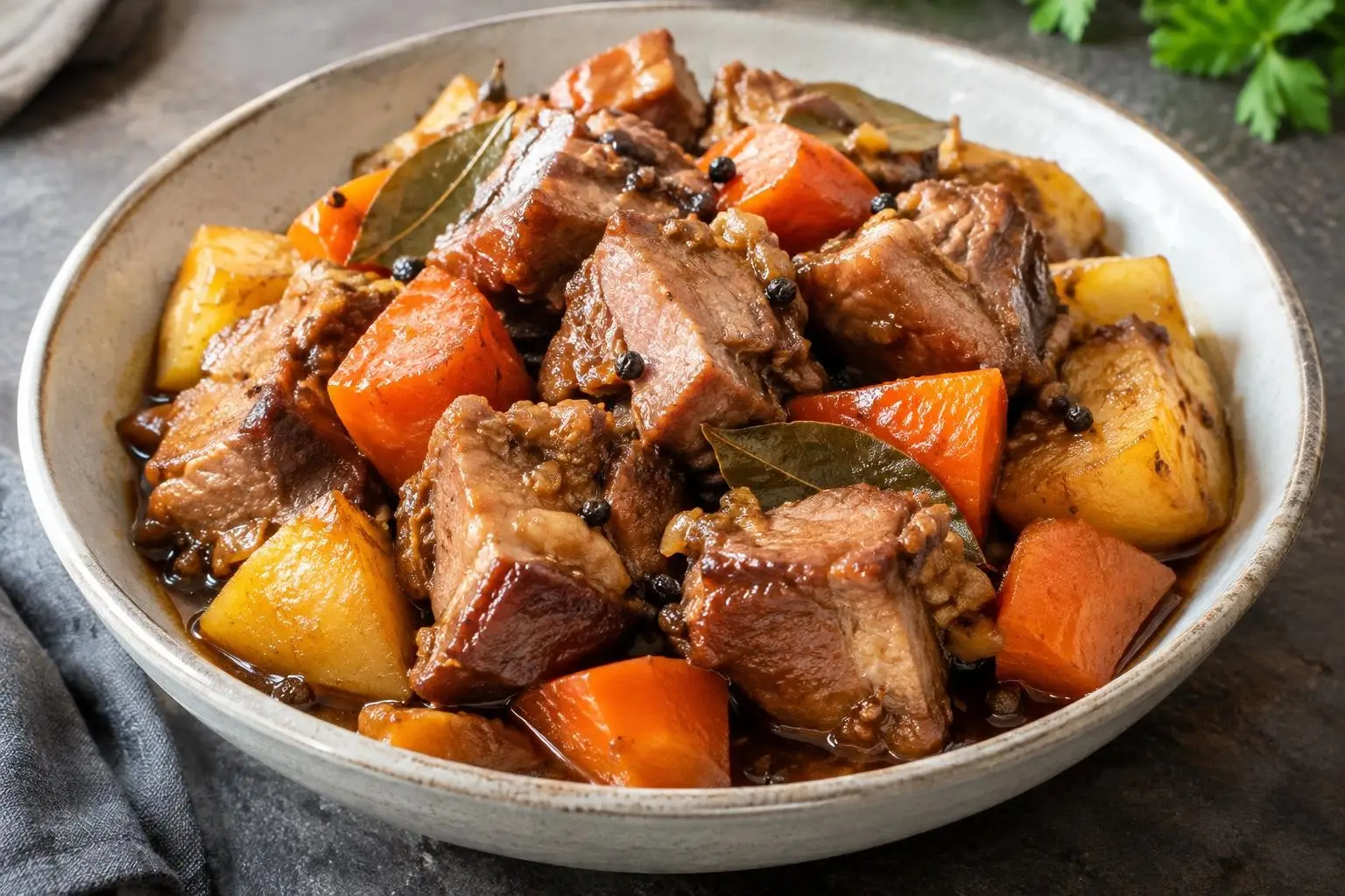 Slow-Braised Filipino Pork Adobo plated and ready to serve