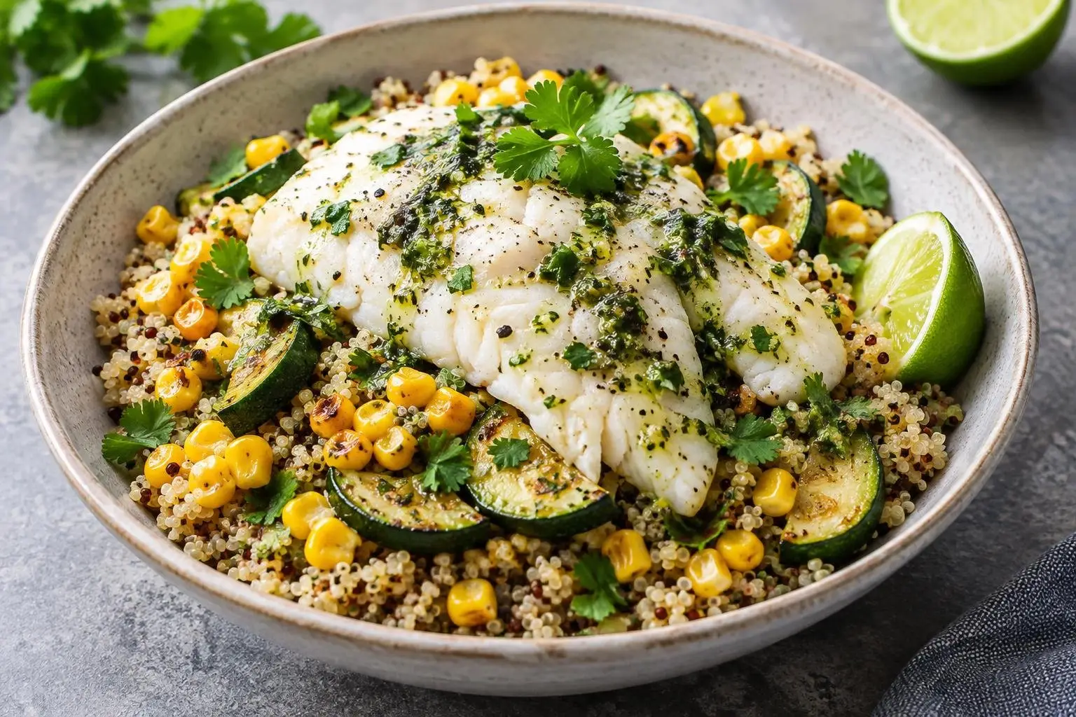 Peruvian Quinoa and Poached Fish Grain Bowl plated and ready to serve