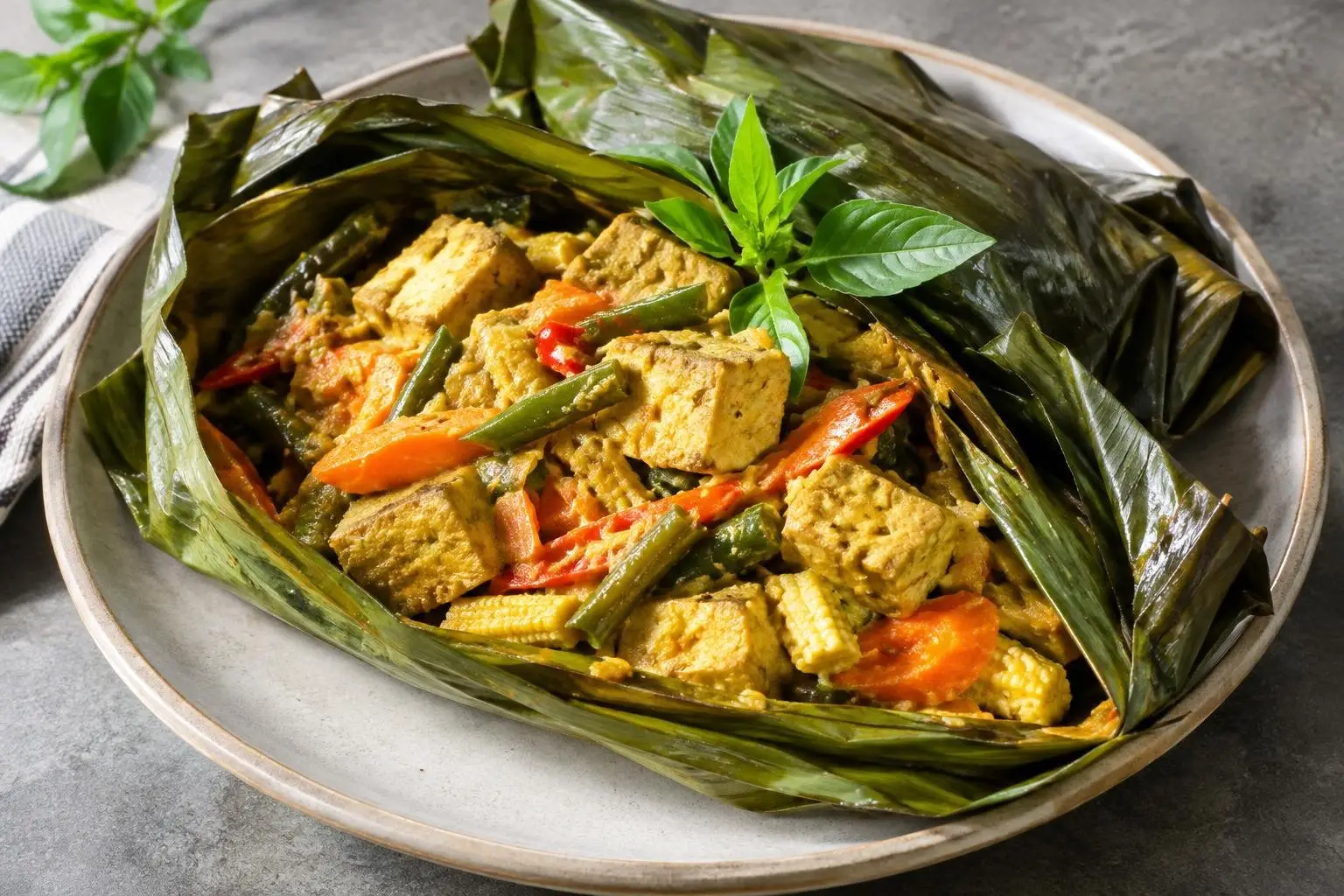 Indonesian Pepes Tofu with Seasonal Vegetables plated and ready to serve