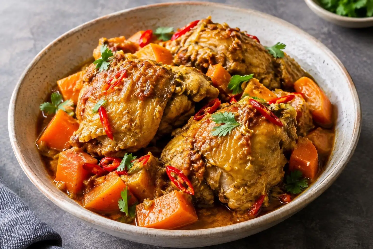 Braised Indonesian Ayam Bumbu Bali with Seasonal Vegetables plated and ready to serve
