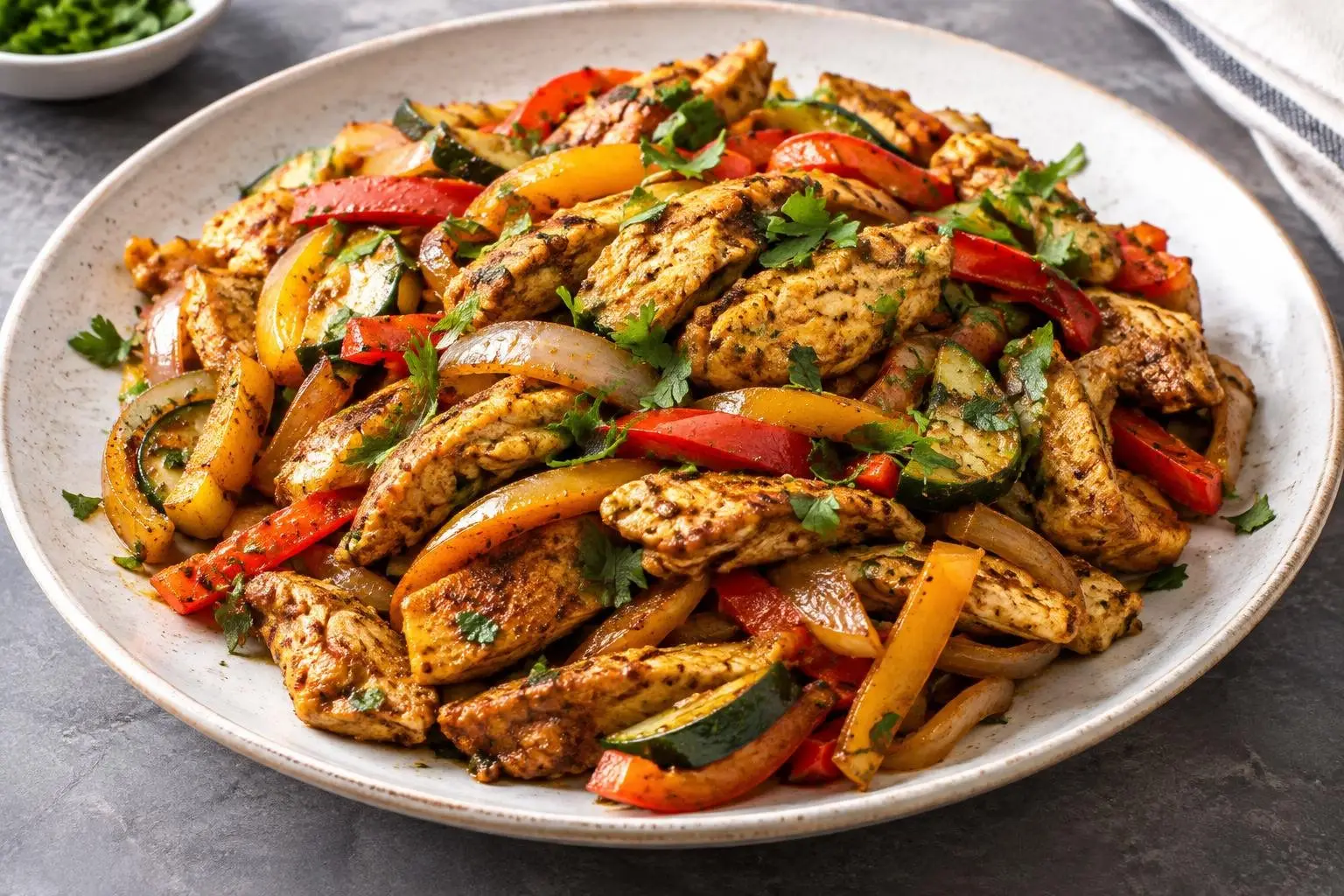 Lebanese Chicken Shawarma Stir-Fry with Seasonal Vegetables plated and ready to serve